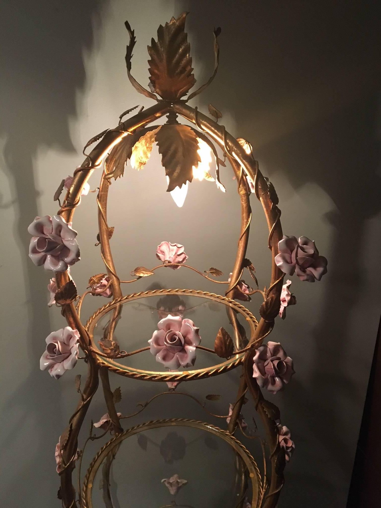 Italian Florentine Tole Gold Gilt Étagère with Porcelain Roses 5