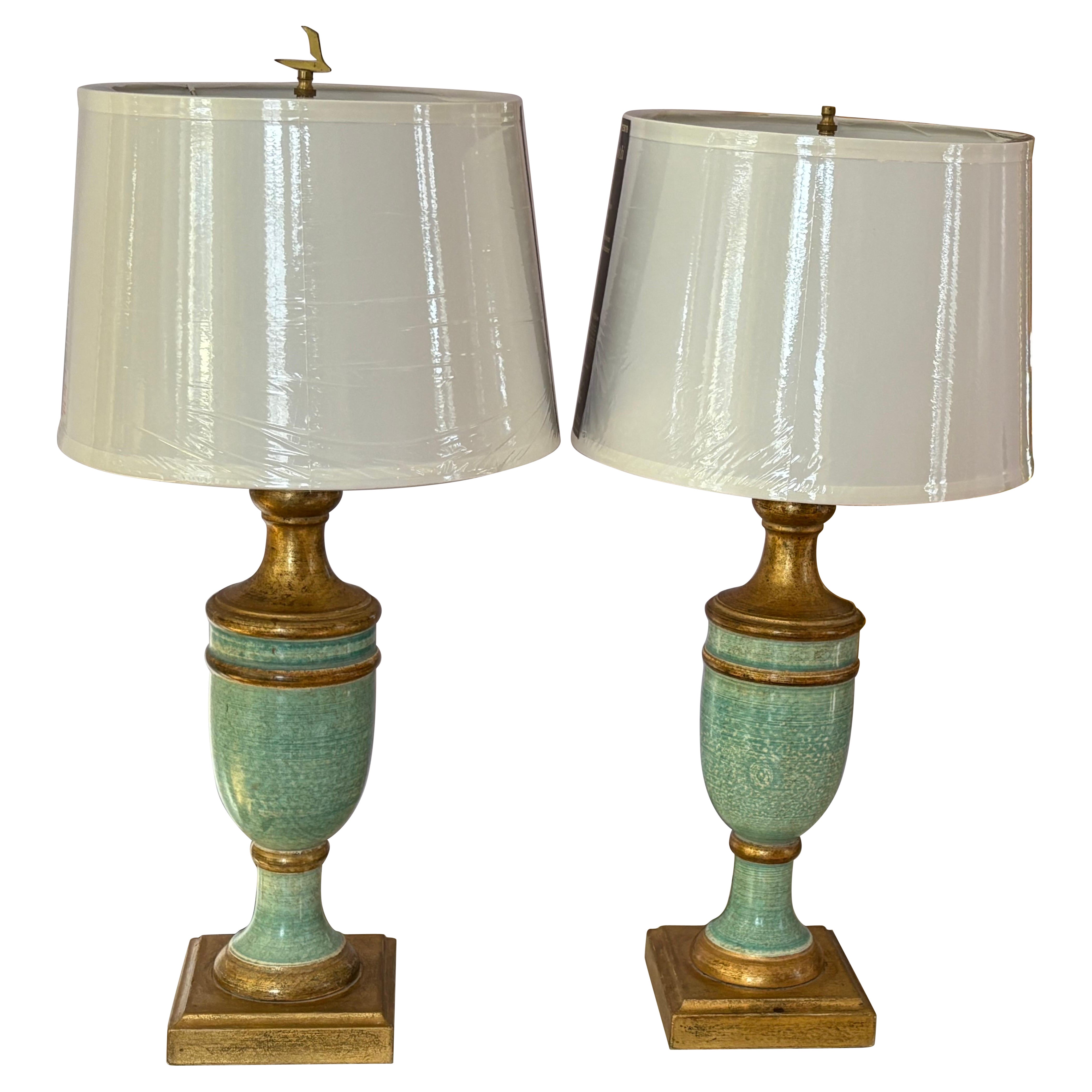 Italian Florentine Turquoise and gold wood lamps For Sale