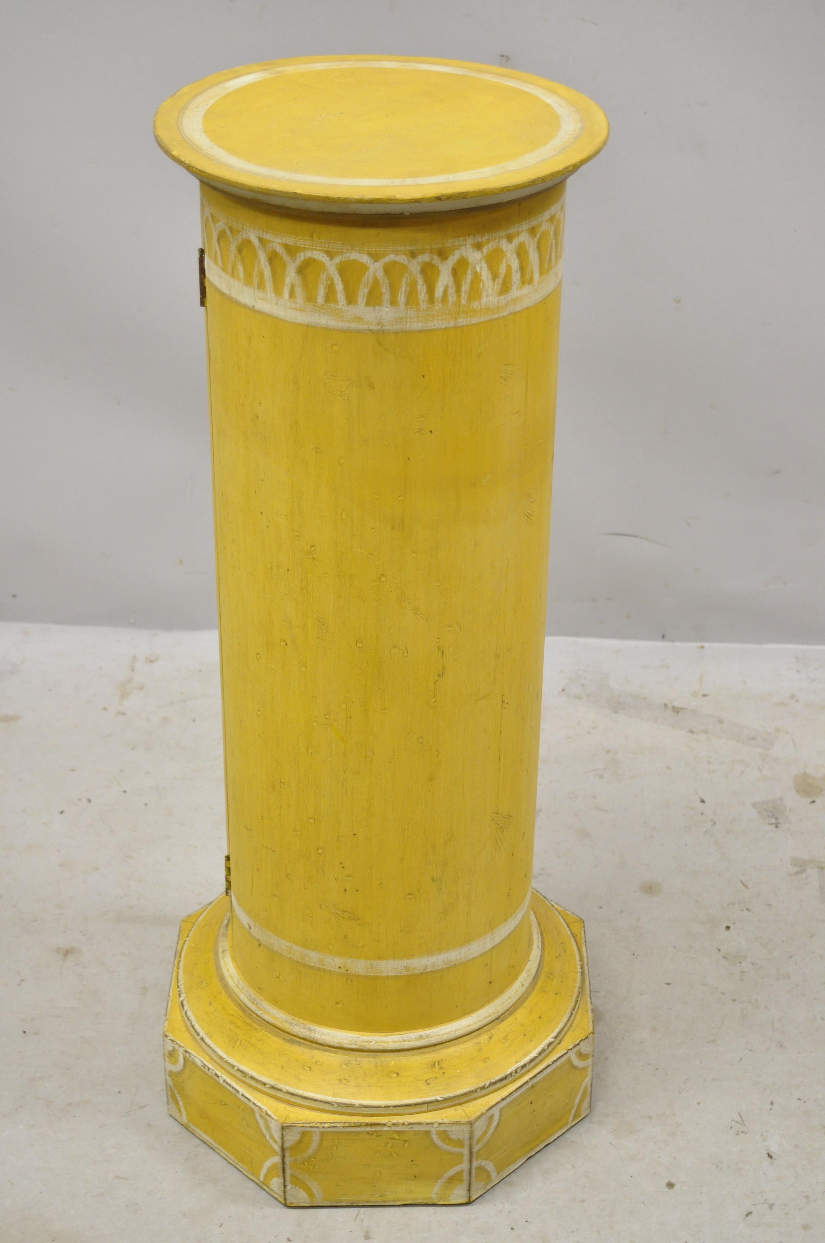 Italian Florentine Yellow Painted Wood Column Pedestal Plant Stand Door n Drawer 6