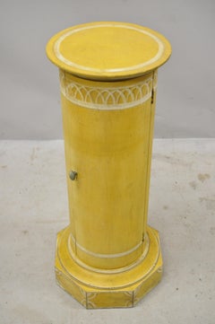Italian Florentine Yellow Painted Wood Column Pedestal Plant Stand Door n Drawer