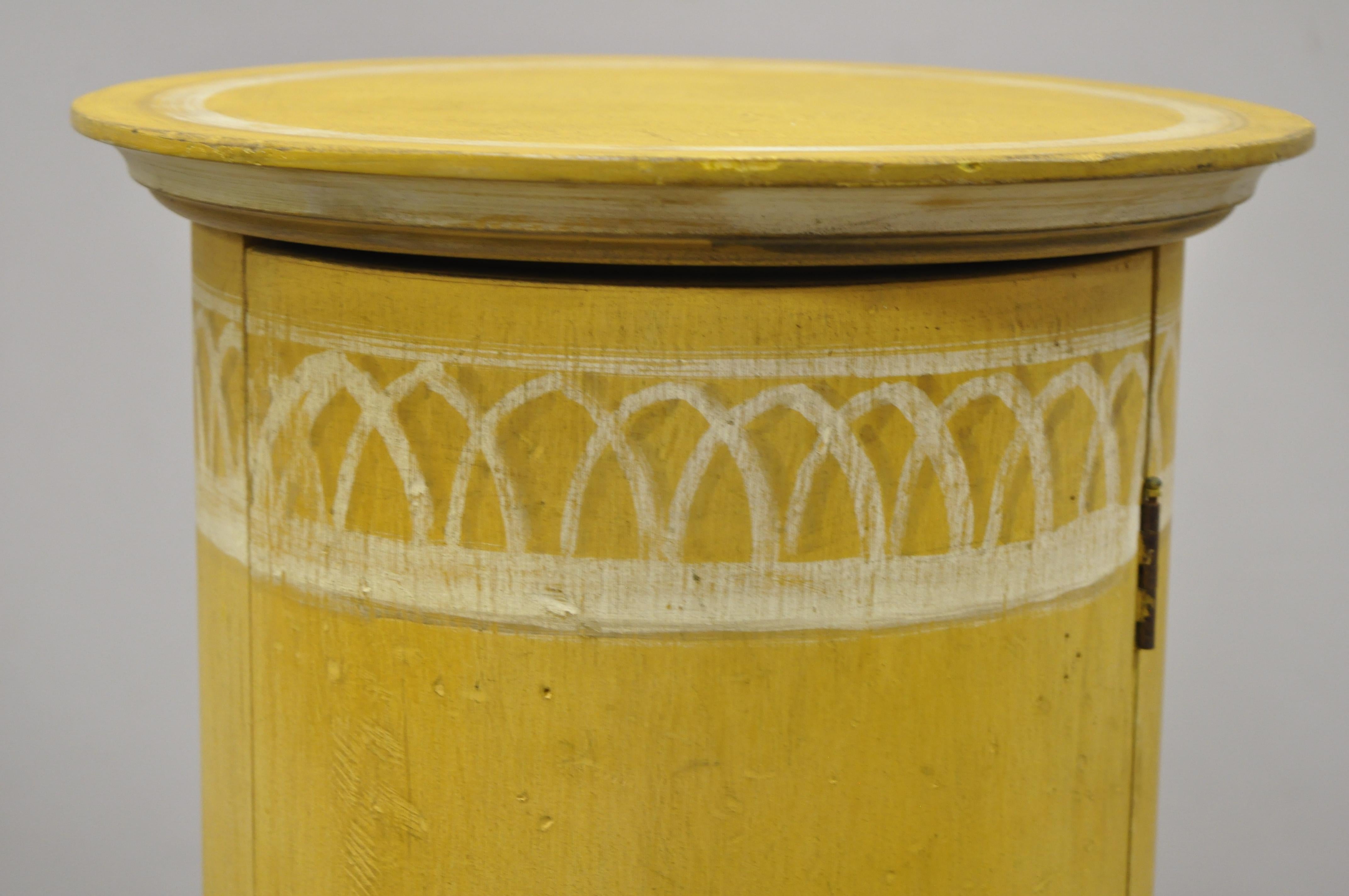 Hollywood Regency Italian Florentine Yellow Painted Wood Column Pedestal Plant Stand Door n Drawer