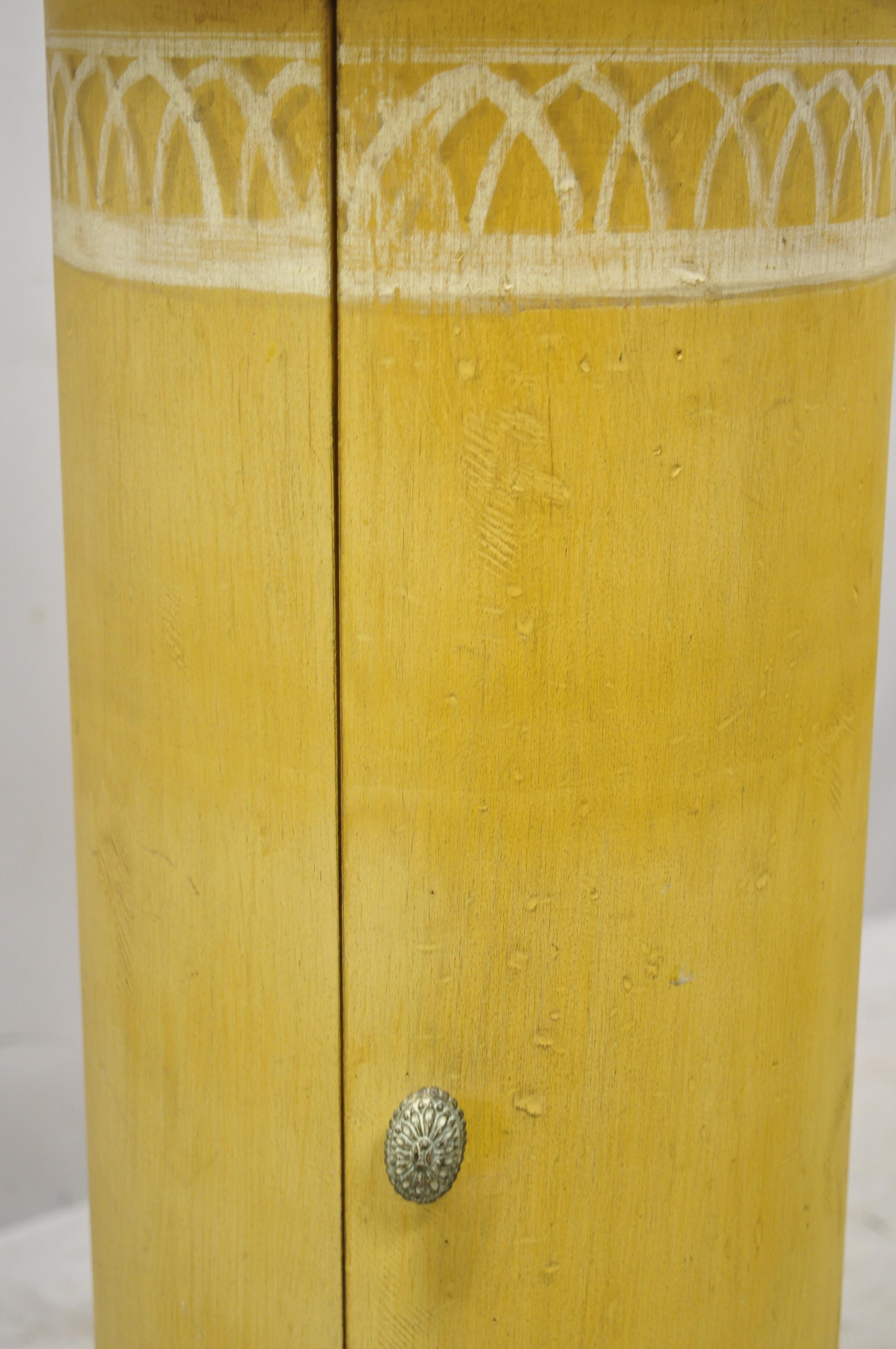 Italian Florentine Yellow Painted Wood Column Pedestal Plant Stand Door n Drawer In Good Condition In Philadelphia, PA