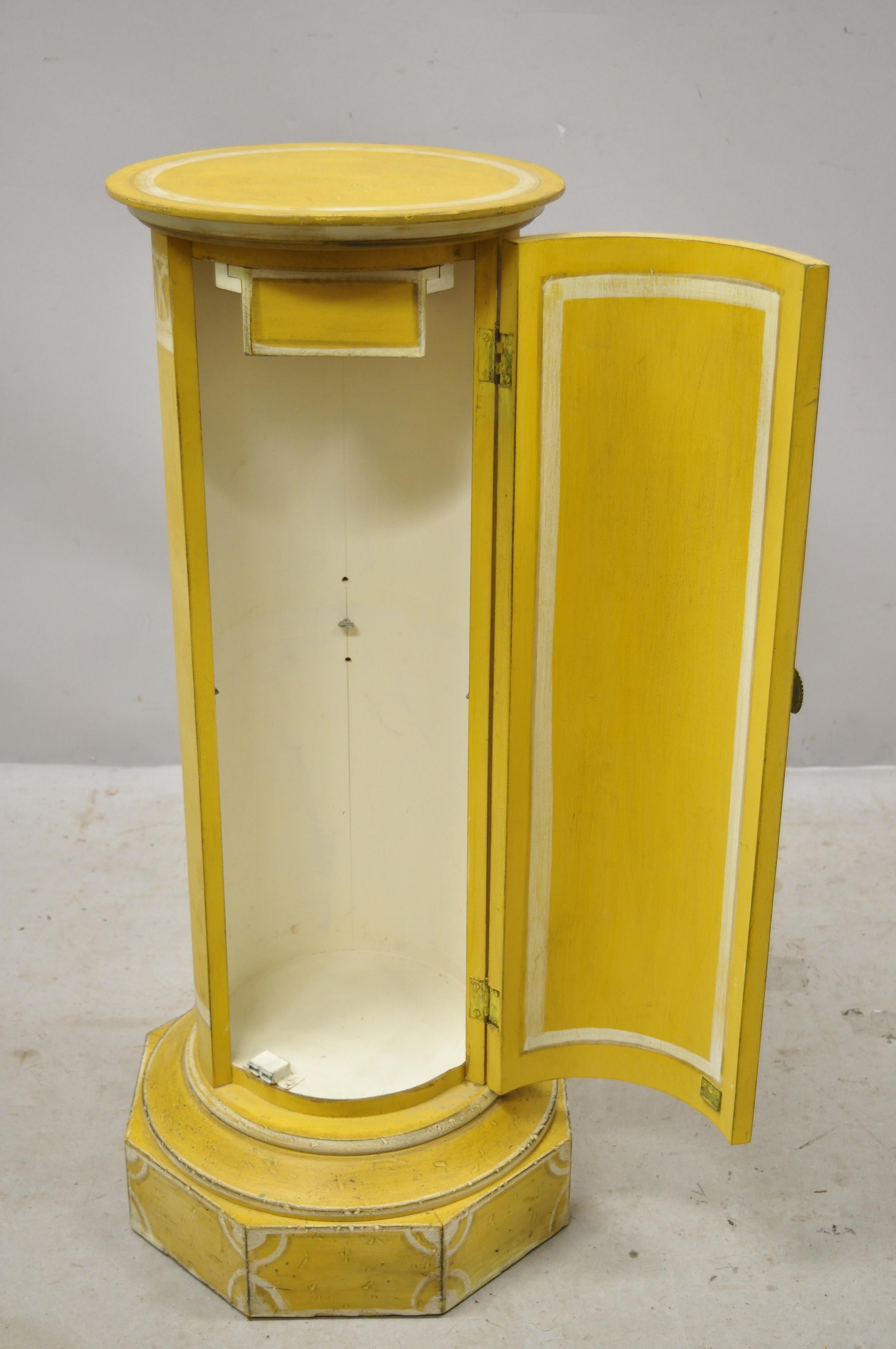 20th Century Italian Florentine Yellow Painted Wood Column Pedestal Plant Stand Door n Drawer