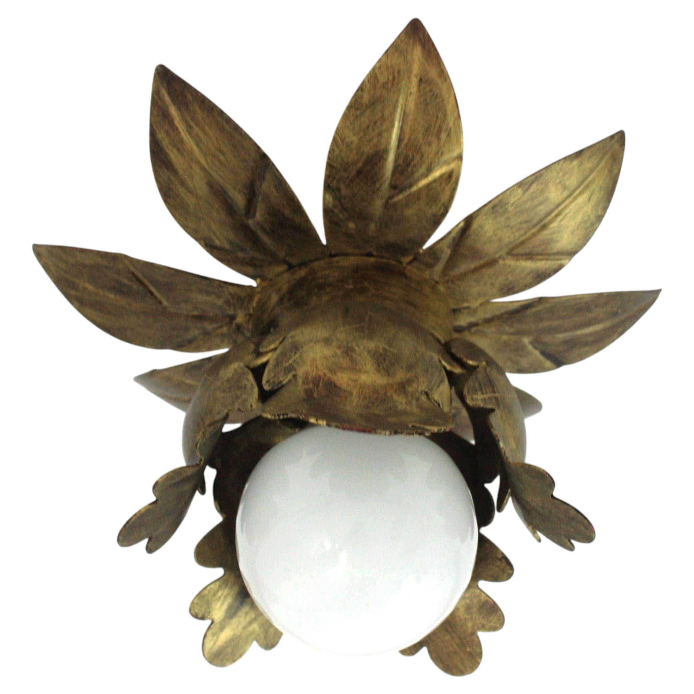 Italian Flower Bud Ceiling Light Fixture in Gilt Iron, 1950s