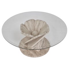 Vintage Italian "Flower" Coffee Table in Travertine With Facet Cut Round Plate, 1980s