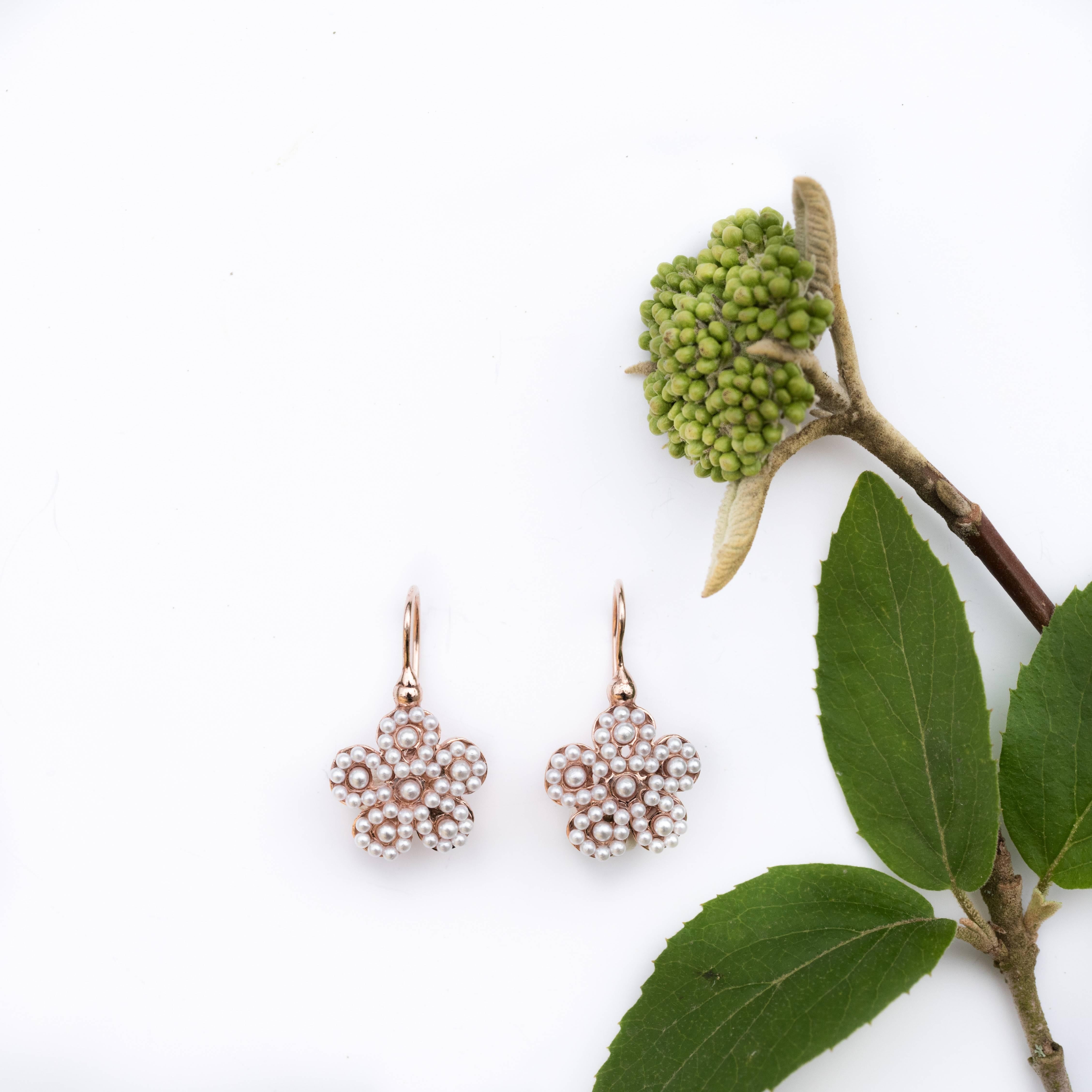 Italian Flower Pearl Vermeil Drop Earrings 1