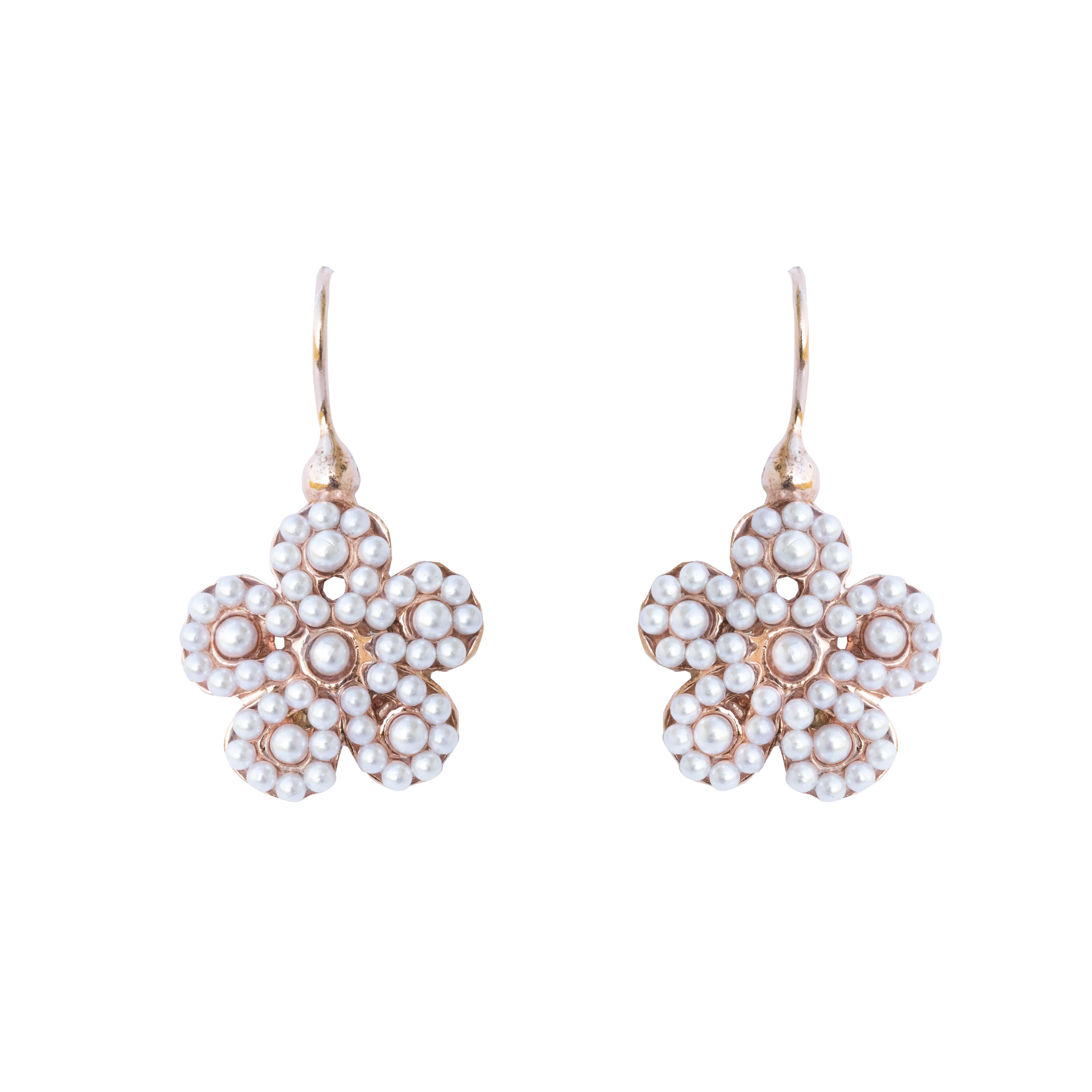 Italian Flower Pearl Vermeil Drop Earrings