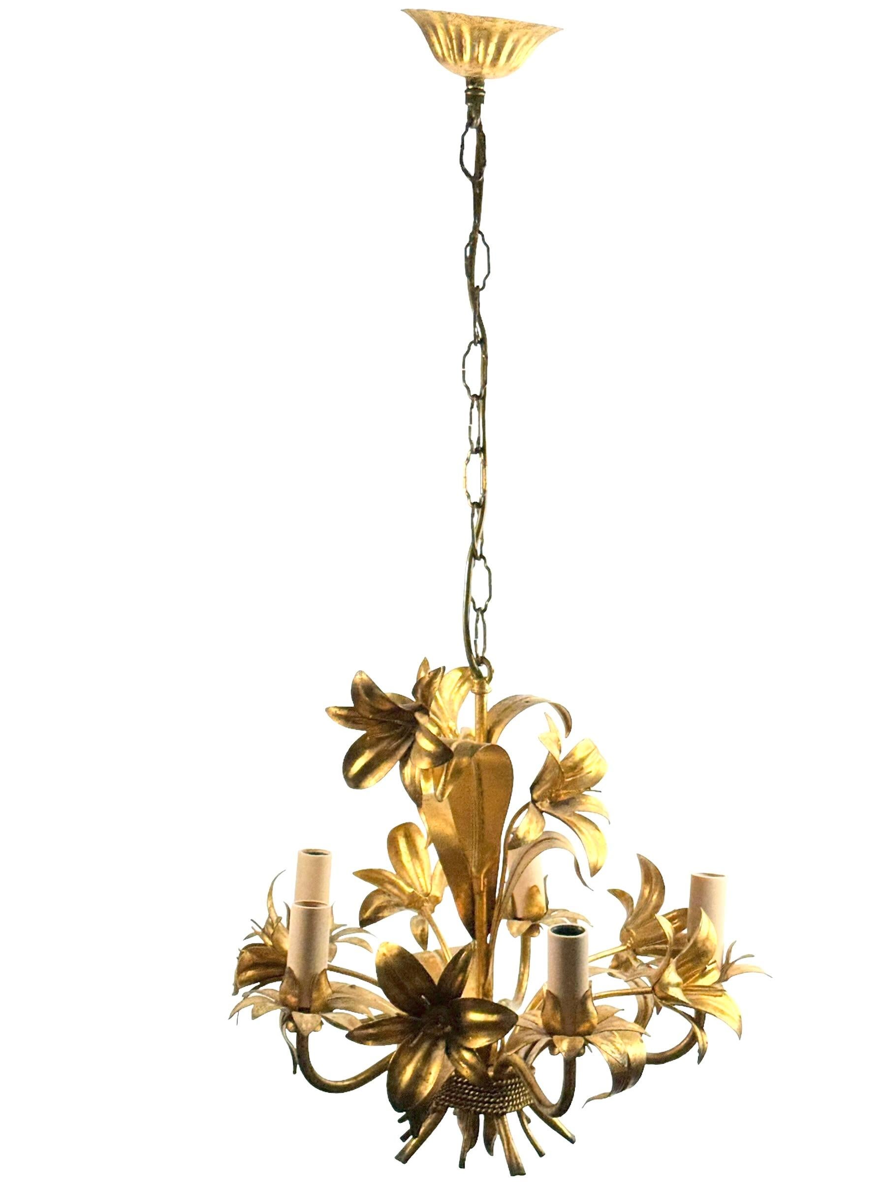 Hollywood Regency Italian Flowers Five-Light Tole Chandelier Gilded Metal, European, 1960s