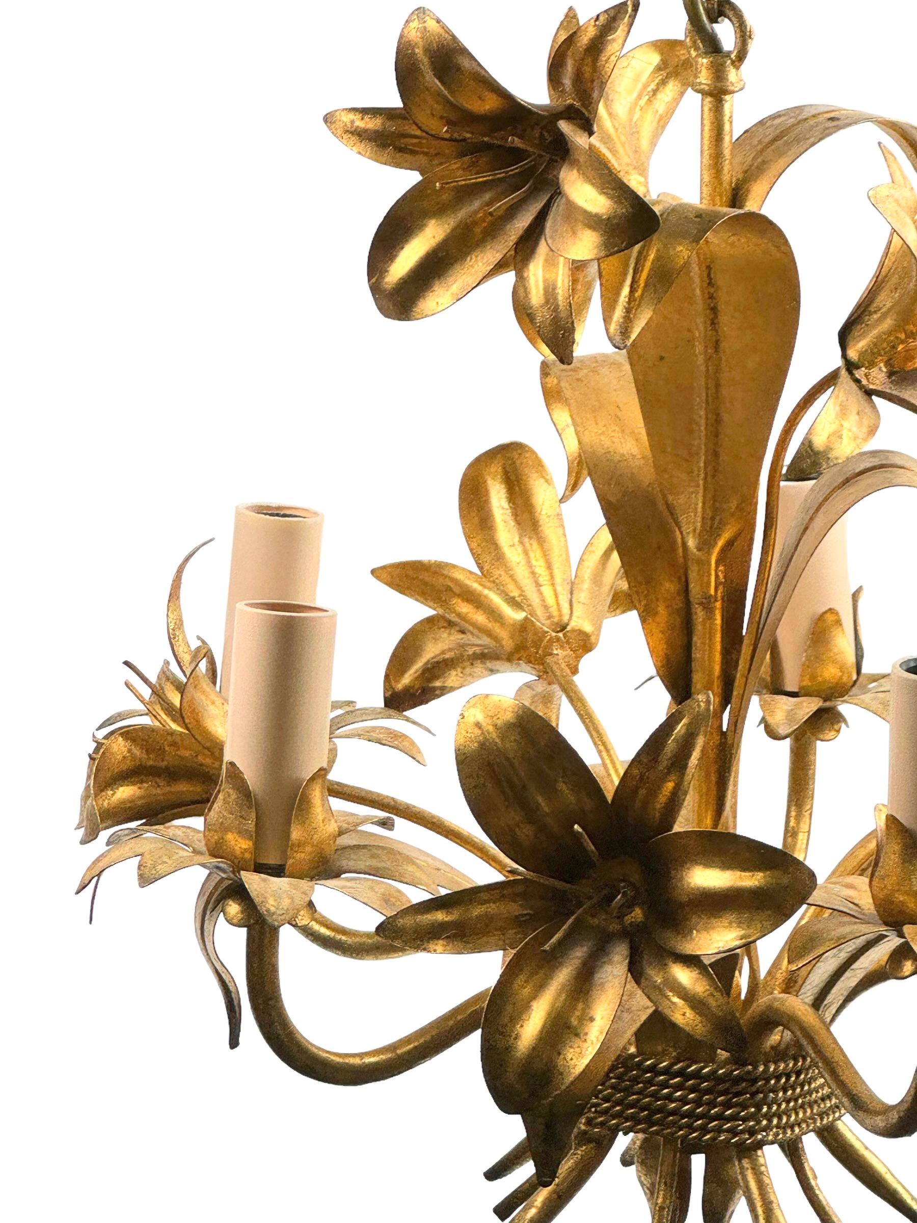Gilt Italian Flowers Five-Light Tole Chandelier Gilded Metal, European, 1960s