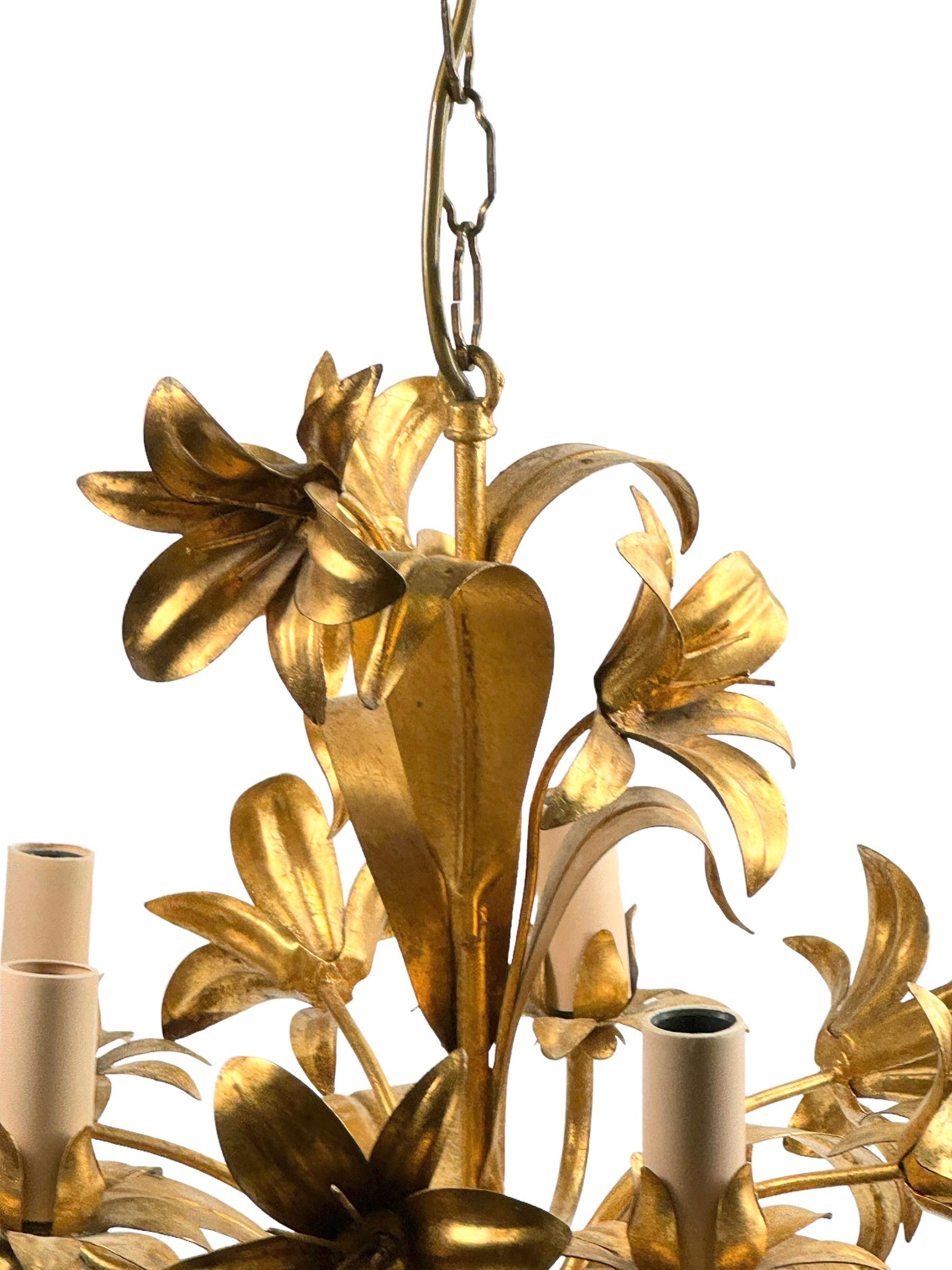 Mid-20th Century Italian Flowers Five-Light Tole Chandelier Gilded Metal, European, 1960s