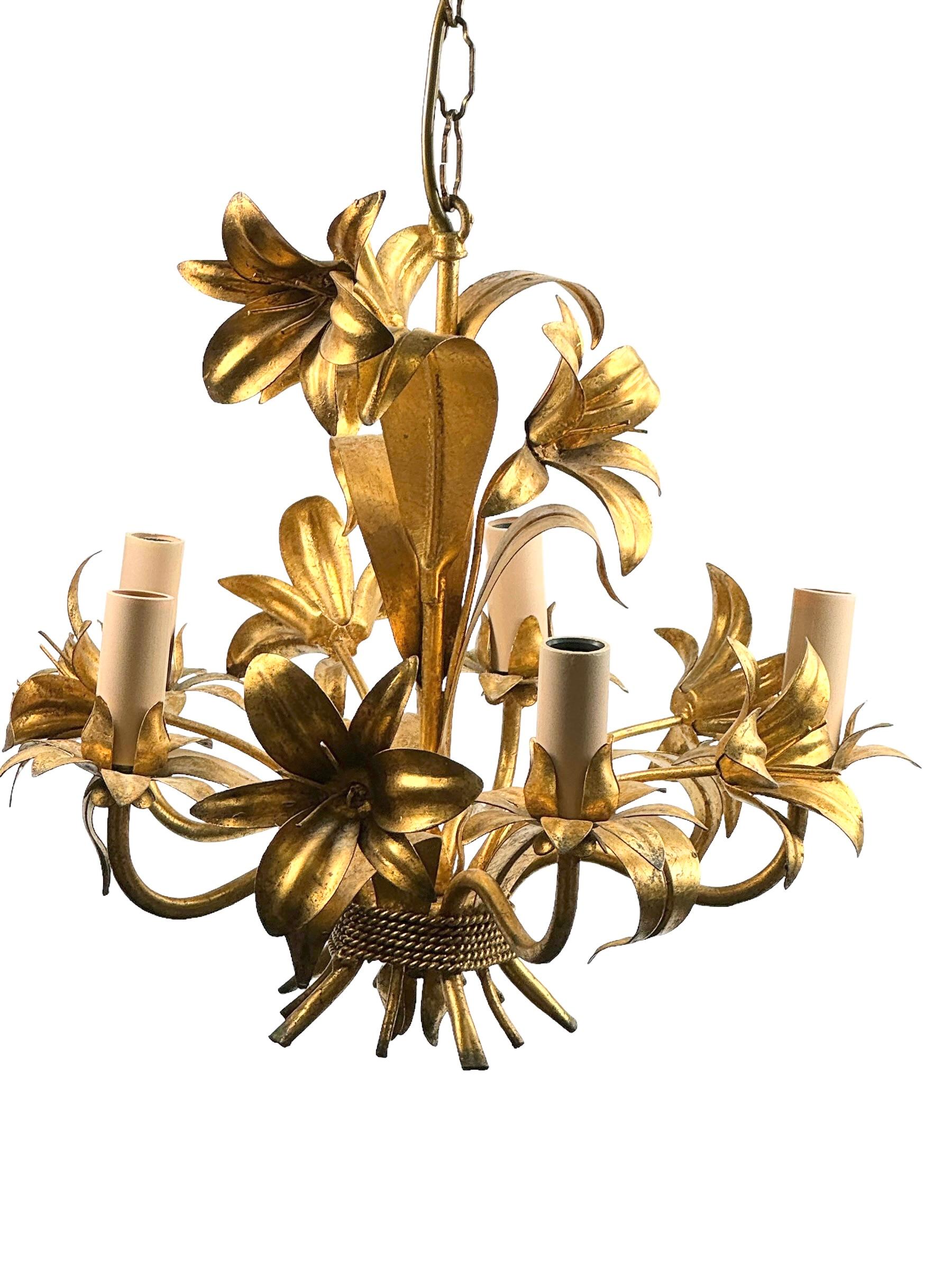 Italian Flowers Five-Light Tole Chandelier Gilded Metal, European, 1960s 1