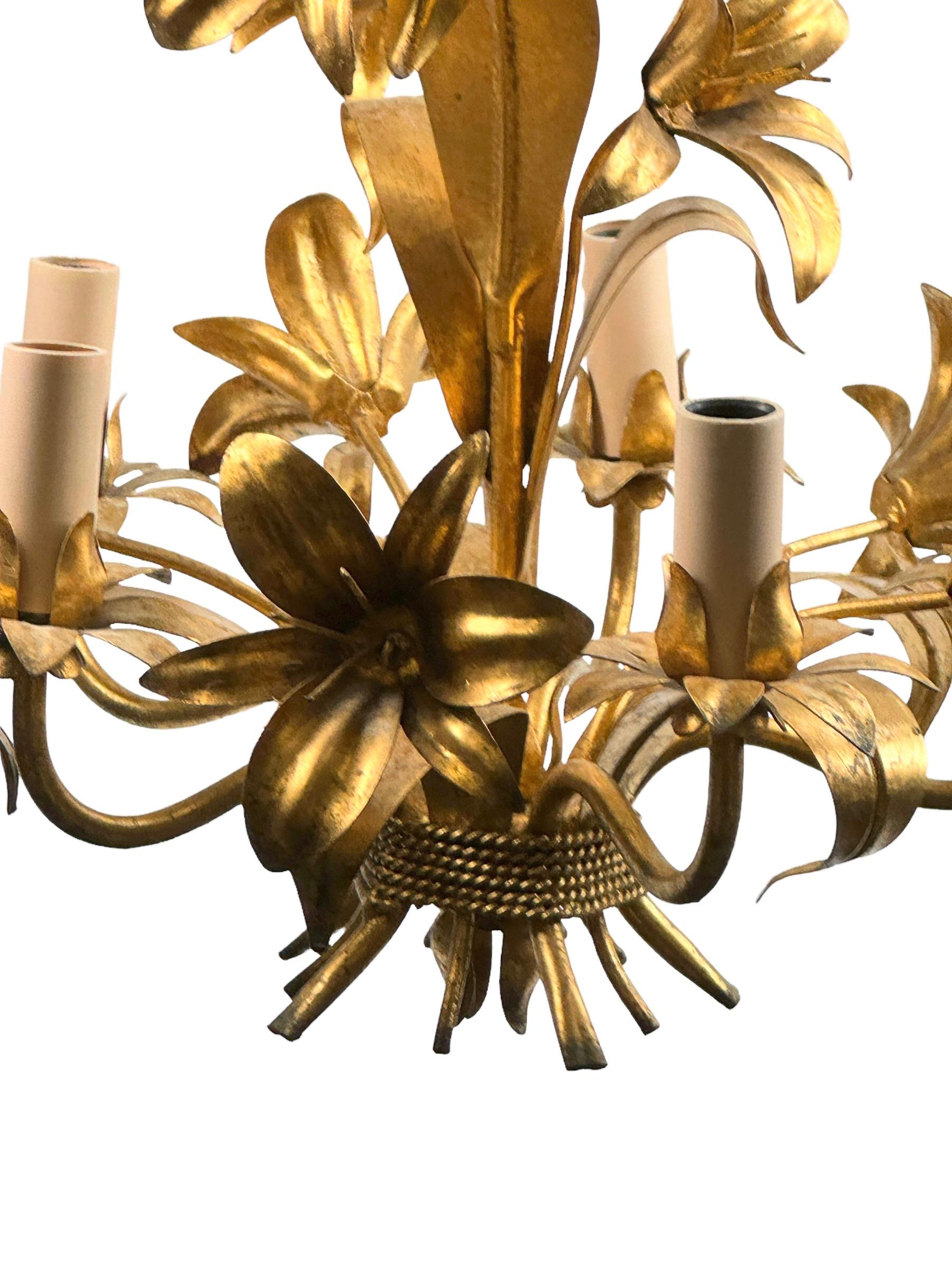 Italian Flowers Five-Light Tole Chandelier Gilded Metal, European, 1960s 3
