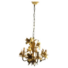 Italian Flowers Five-Light Tole Chandelier Gilded Metal, European, 1960s