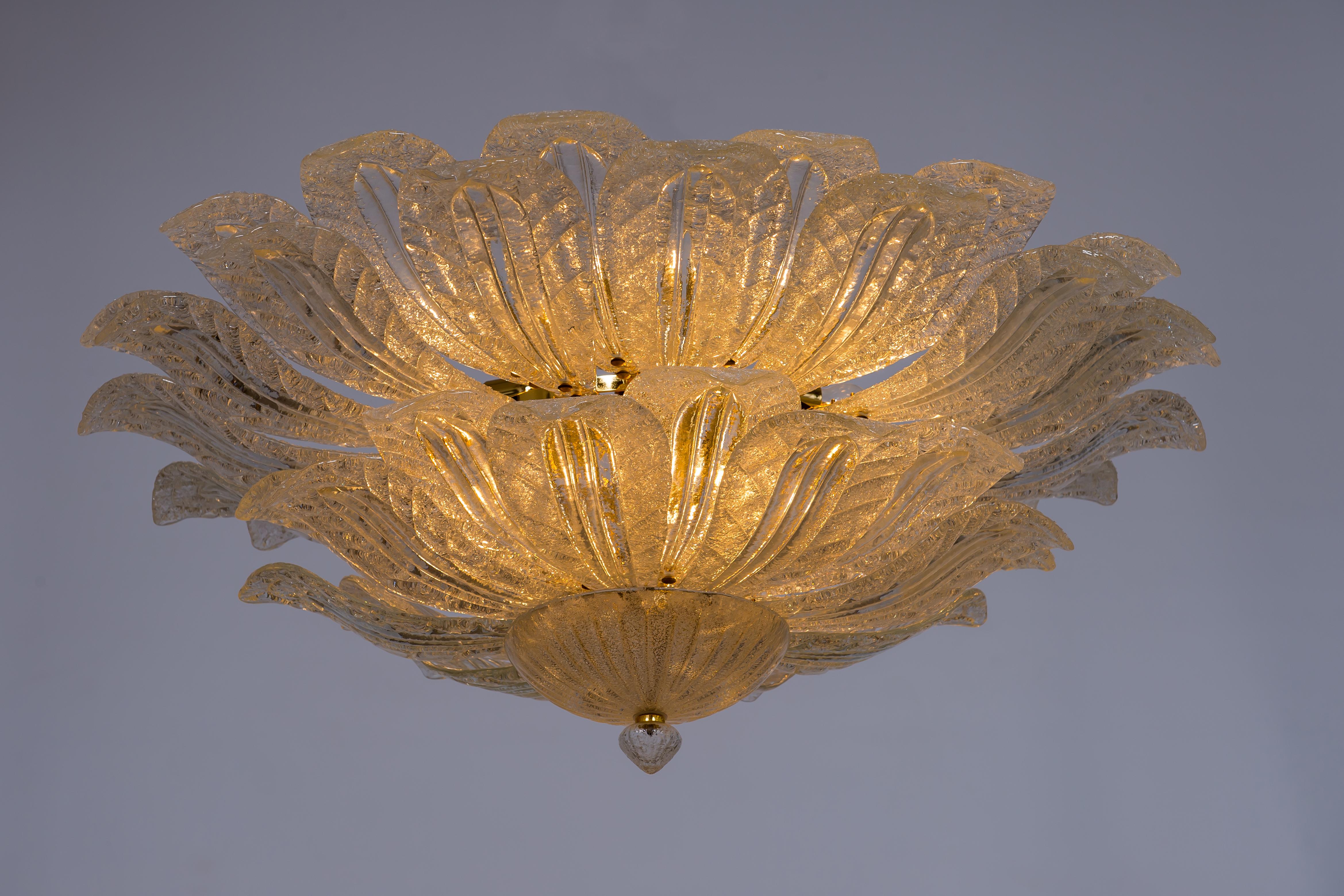 Flush Mount in Murano Glass Sandblasted Leaves and Sunken Gold Italy 1990s For Sale 6
