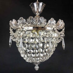 Italian Flush Mounted Crystal Basket Three-Light Ceiling Light circa 1970