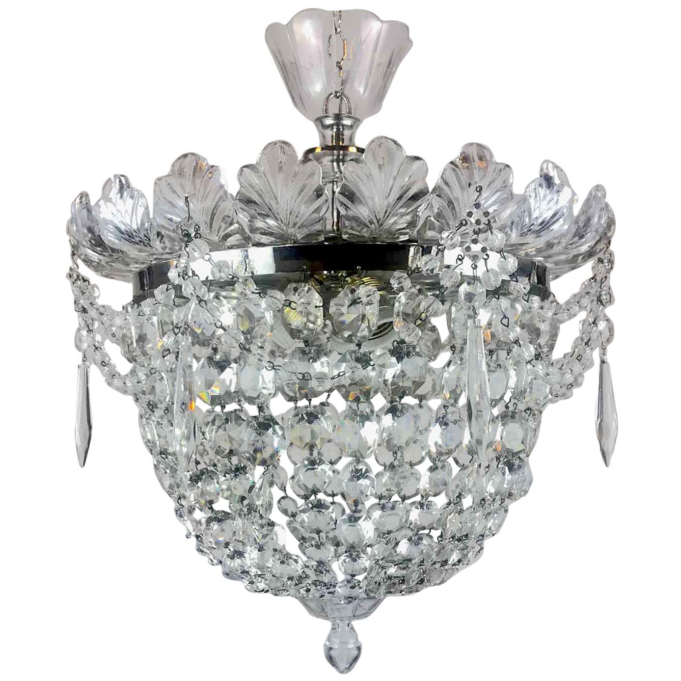 Italian Flush Mounted Crystal Basket Three-Light Ceiling Light circa 1970