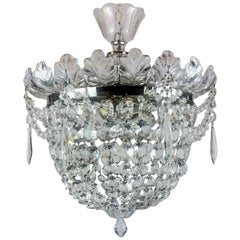 Italian Flush Mounted Crystal Basket Three-Light Ceiling Light circa 1970