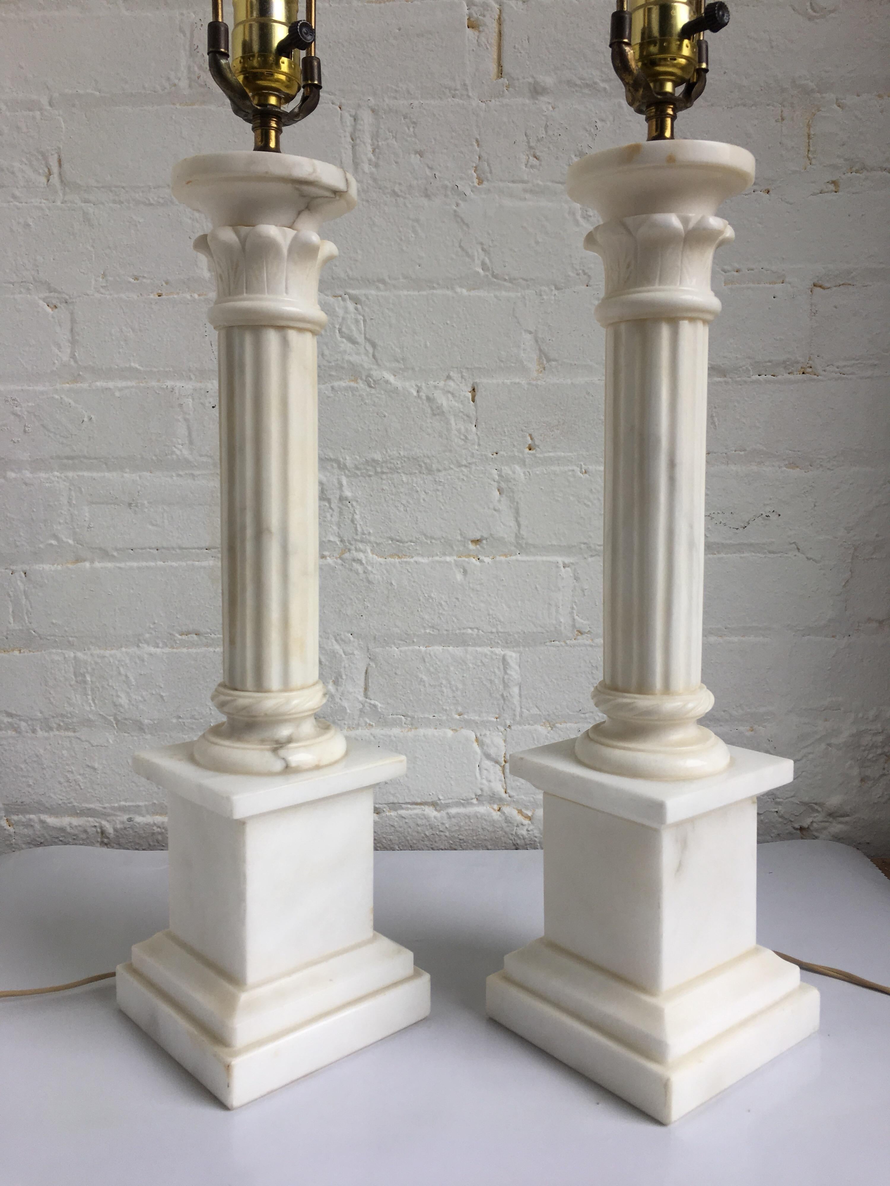 Neoclassical Italian Fluted Marble Column Lamps, Pair