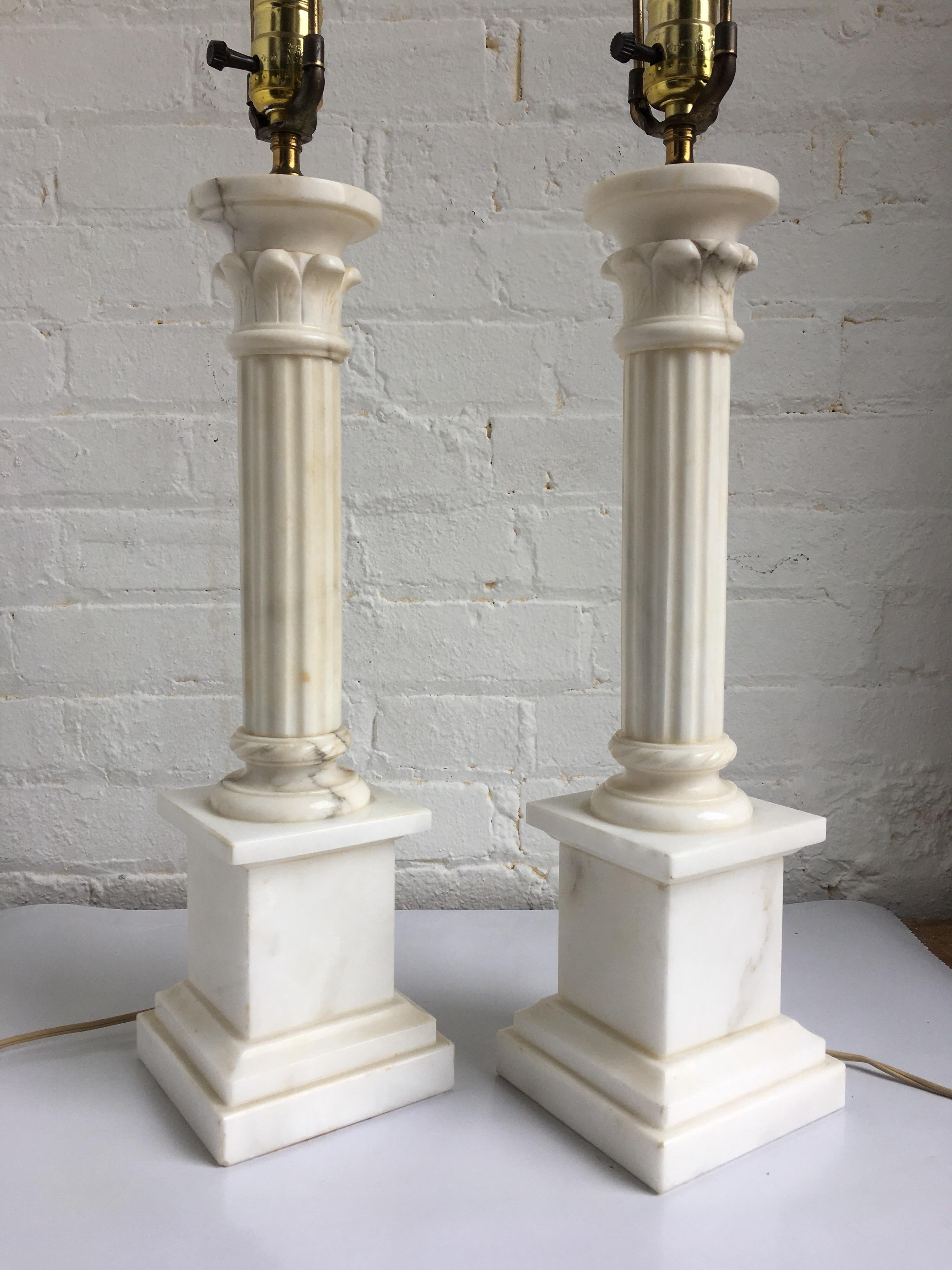 Italian Fluted Marble Column Lamps, Pair In Good Condition In Lambertville, NJ