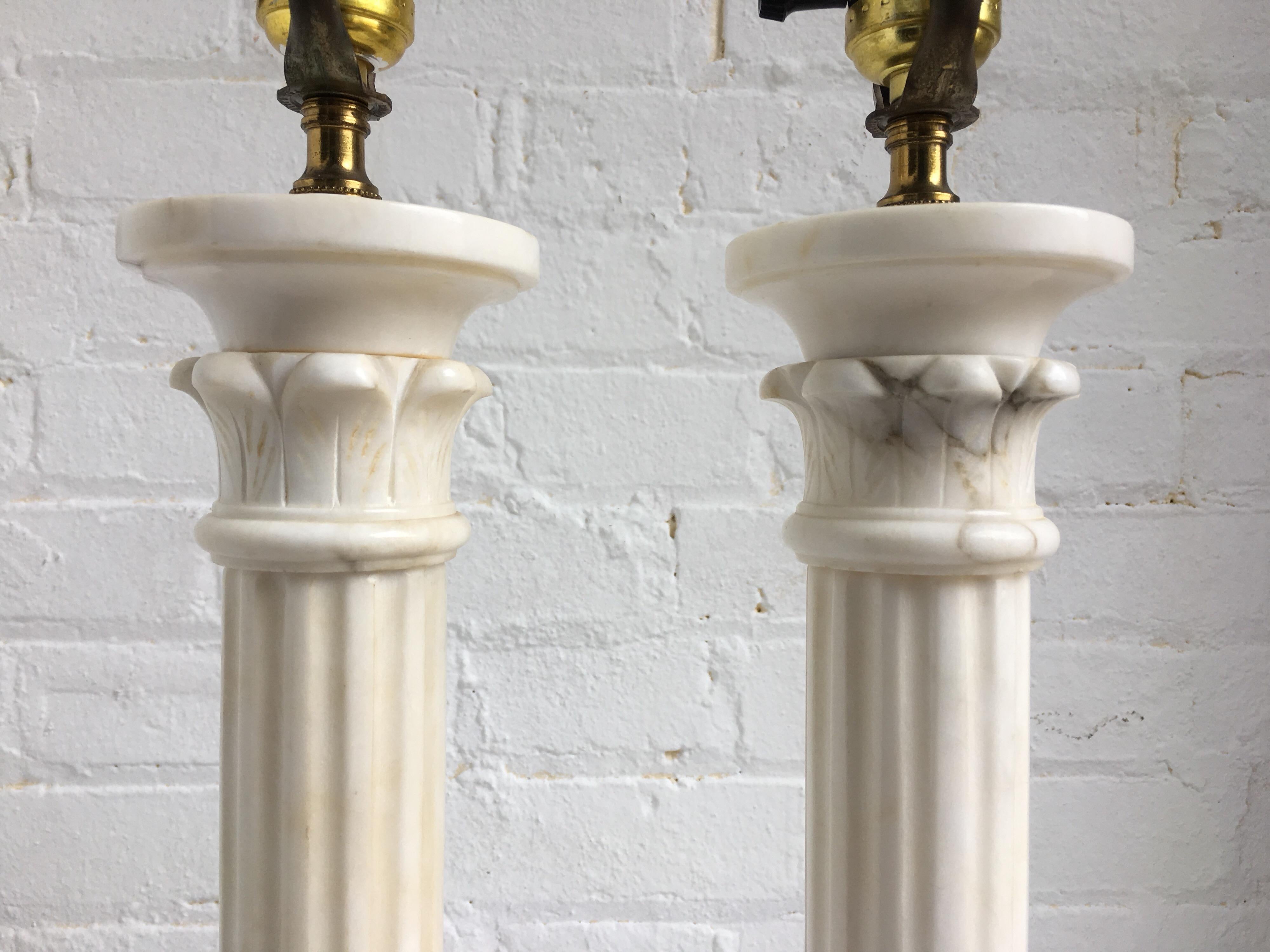 Carrara Marble Italian Fluted Marble Column Lamps, Pair