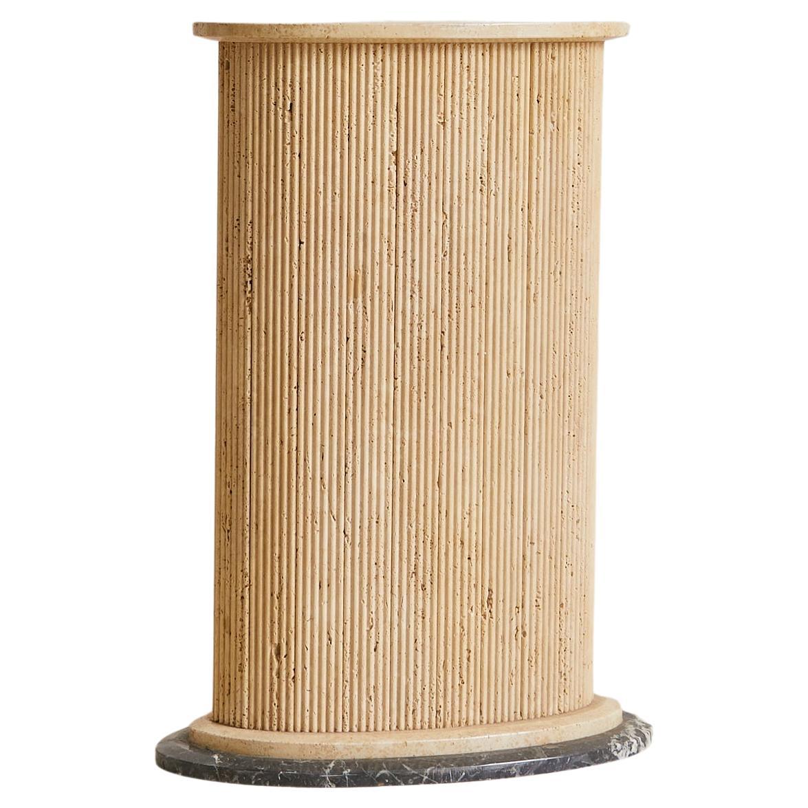 Italian Fluted Travertine Pedestal with Black Marble Base, 1970s - 2 Available