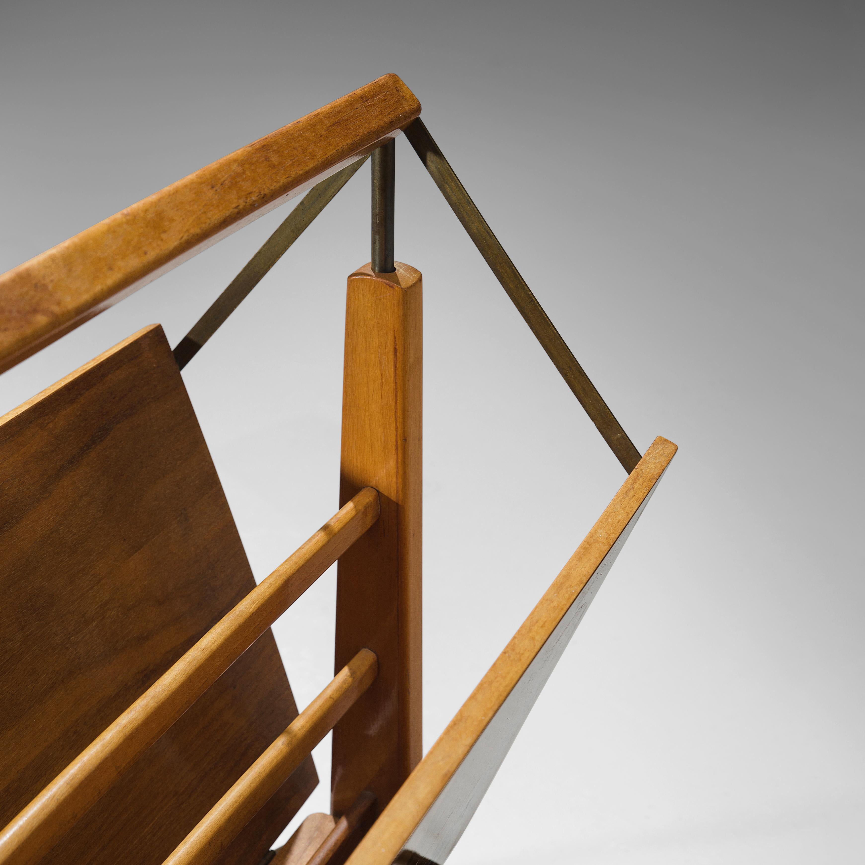 Mid-20th Century Italian Foldable Magazine Rack in Walnut and Brass with Illustrations  For Sale