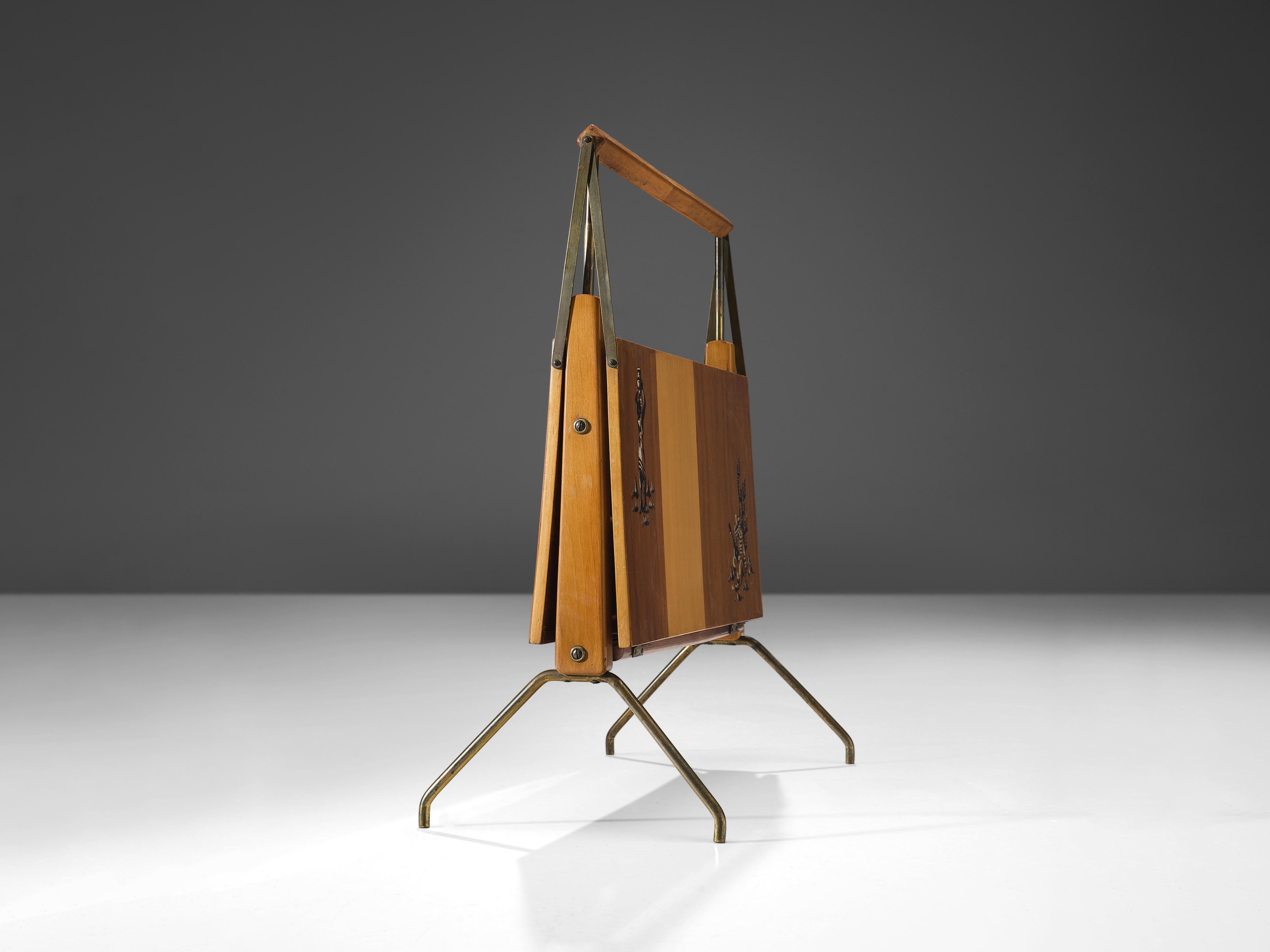 Italian Foldable Magazine Rack in Walnut and Brass with Illustrations  For Sale 1