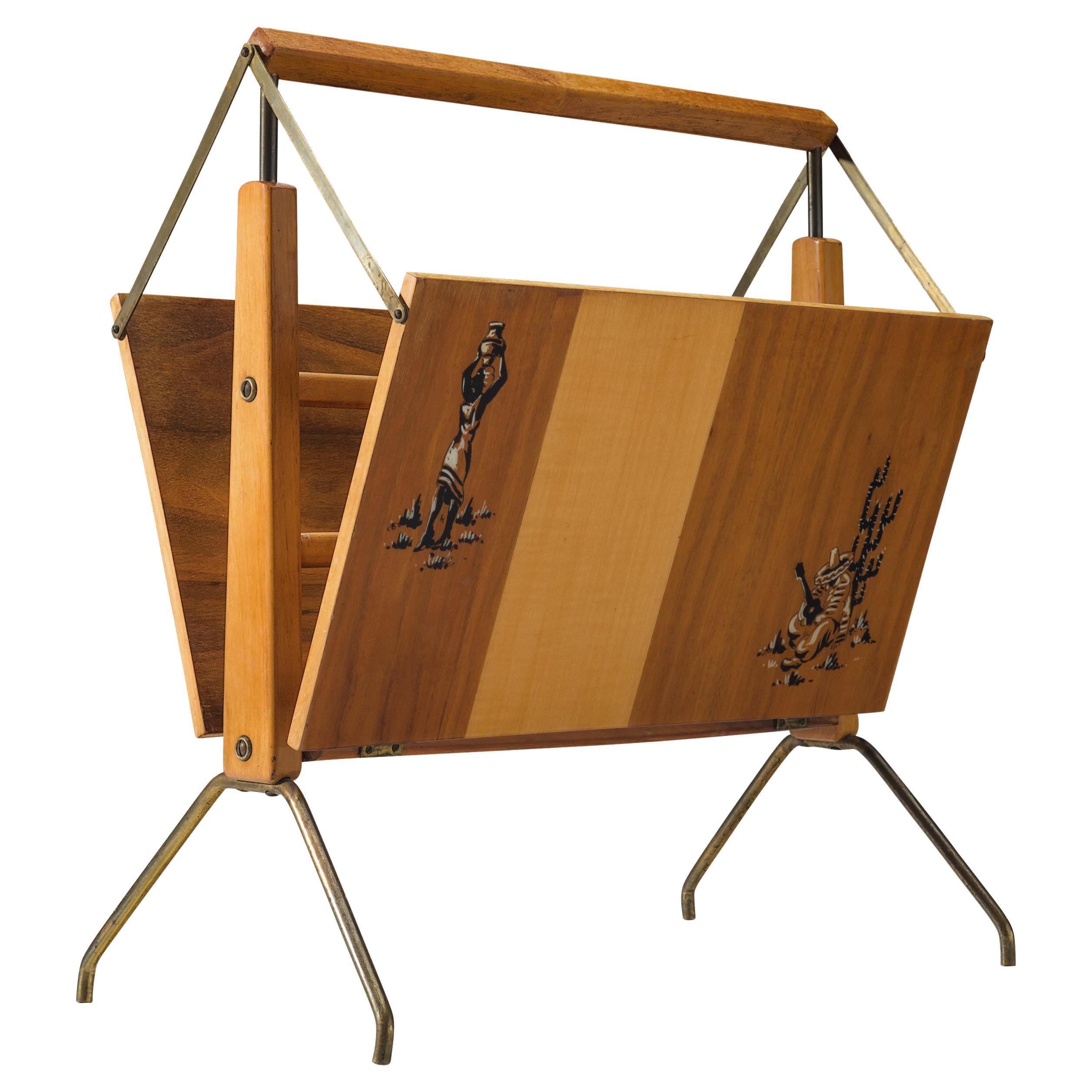 Italian Foldable Magazine Rack in Walnut and Brass with Illustrations 