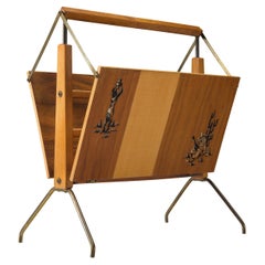Italian Foldable Magazine Rack in Walnut and Brass with Illustrations 