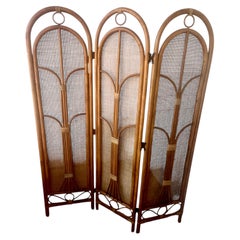 Italian Folding 3 Panel Room Divider Screen in Rattan & Wicker, 1970s Boho Style