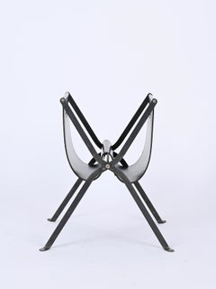 Italian Folding Magazine Rack in Black Leather and Iron, Italy 1970s