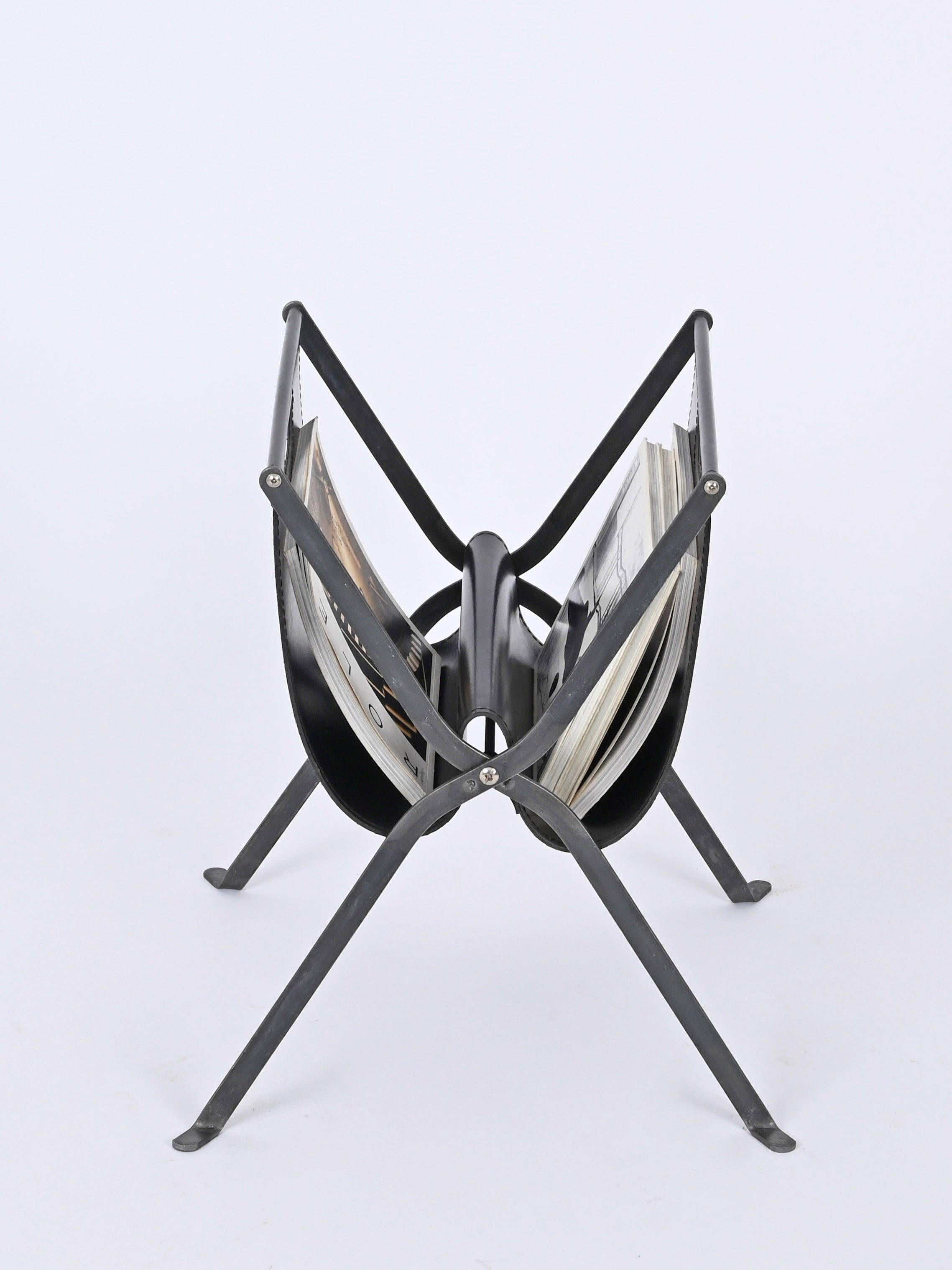 Late 20th Century Italian Folding Magazine Rack in Black Leather and Iron, Italy 1970s For Sale