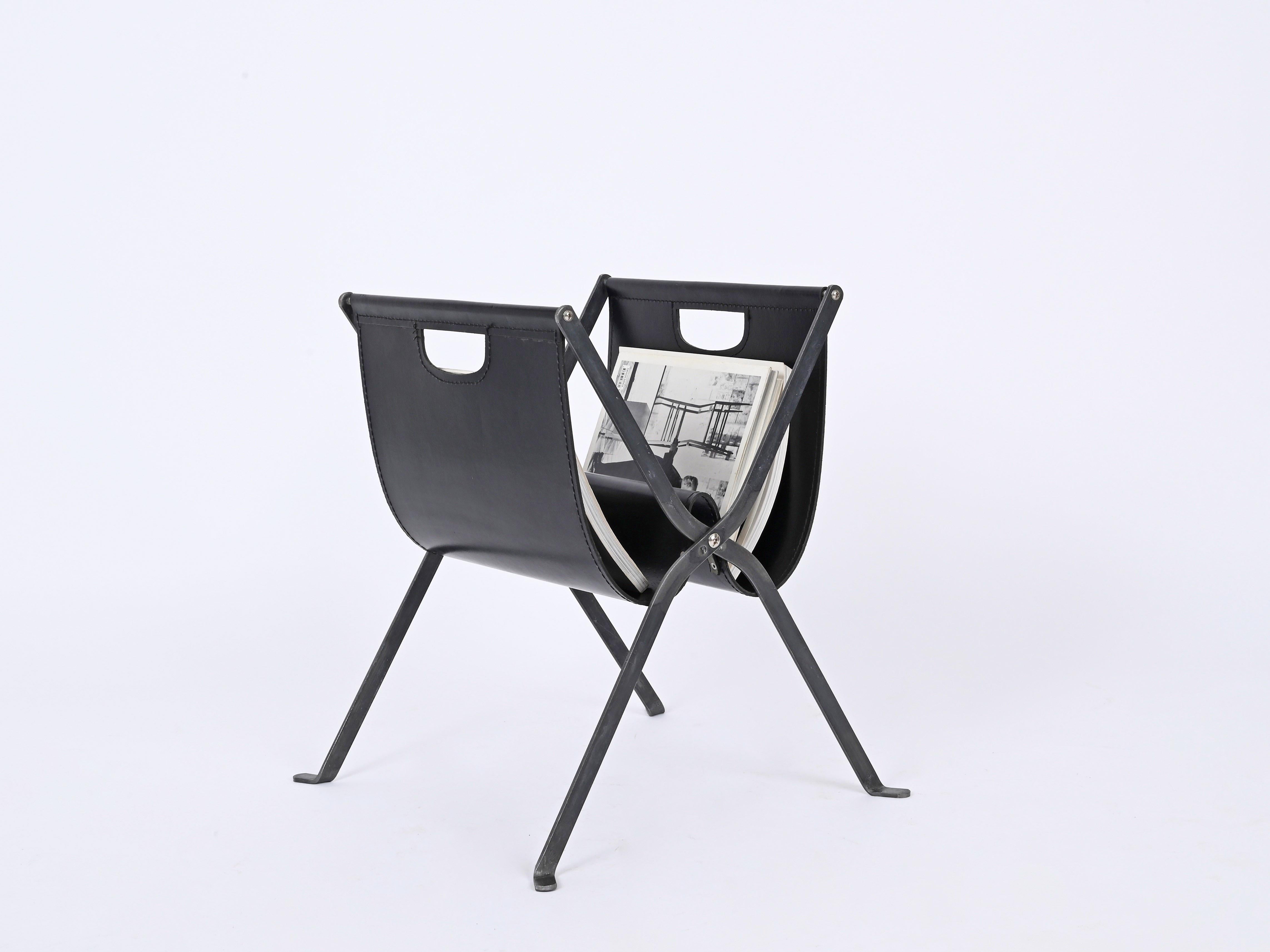 Steel Italian Folding Magazine Rack in Black Leather and Iron, Italy 1970s For Sale