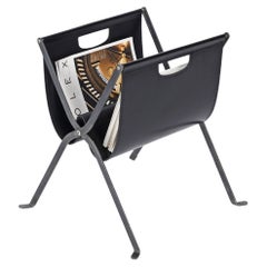 Italian Folding Magazine Rack in Black Leather and Iron, Italy 1970s