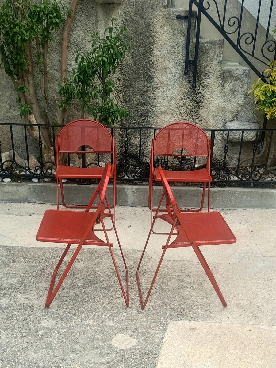 Mid-Century Modern Italian Folding Metal Set of Four chairs by Fly Line For Sale