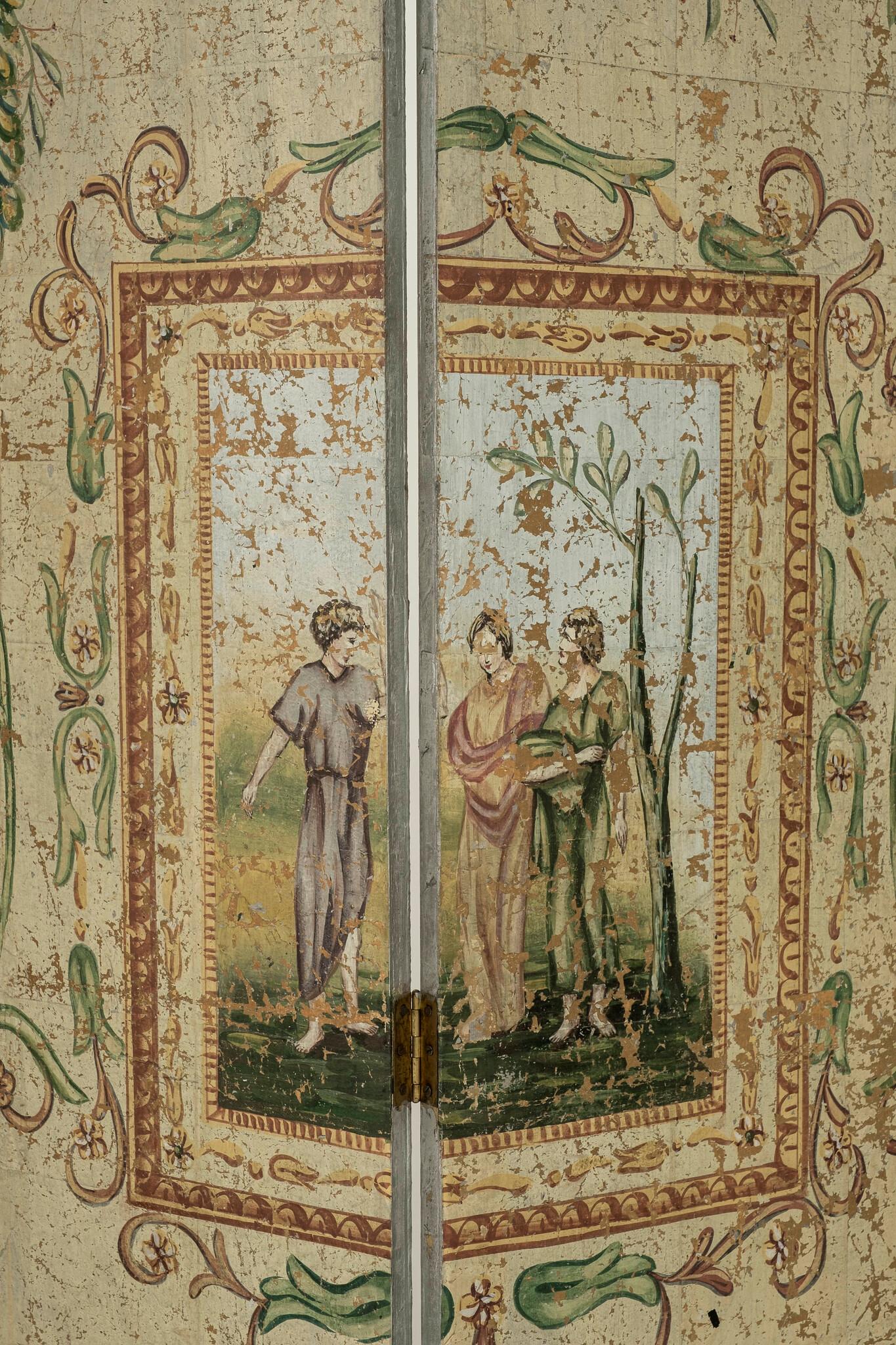 This six-panel screen borrows from the Roman practice as an homage to the great designers that came before. Ancient roman courtyard houses typically had architectural elements crown molding, paneling, and windows painted inside. This gave the home