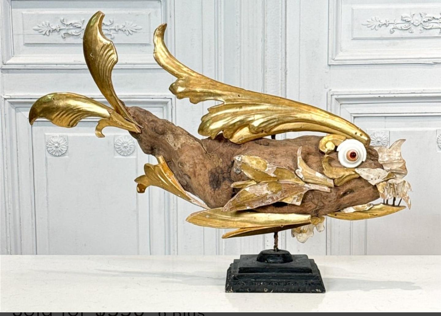 Hand-Carved Italian Folk Art Fish Sculpture from 18th/19th Century Fragments Found Objects For Sale