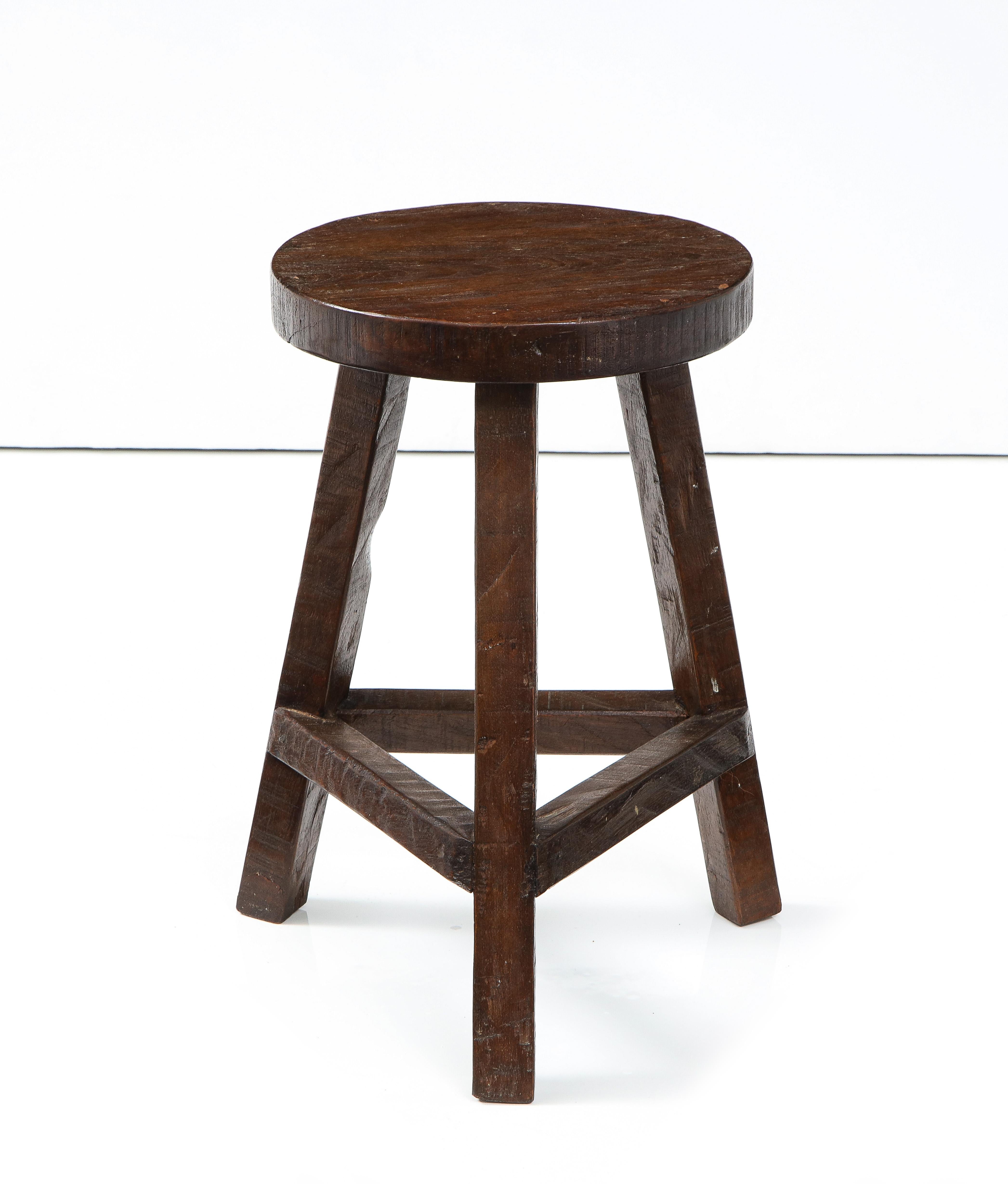 An Italian Folk Art rustic walnut tripod stool, beautifully carved and hand crafted. 
Northern Italy, circa 1950 
Size: 18