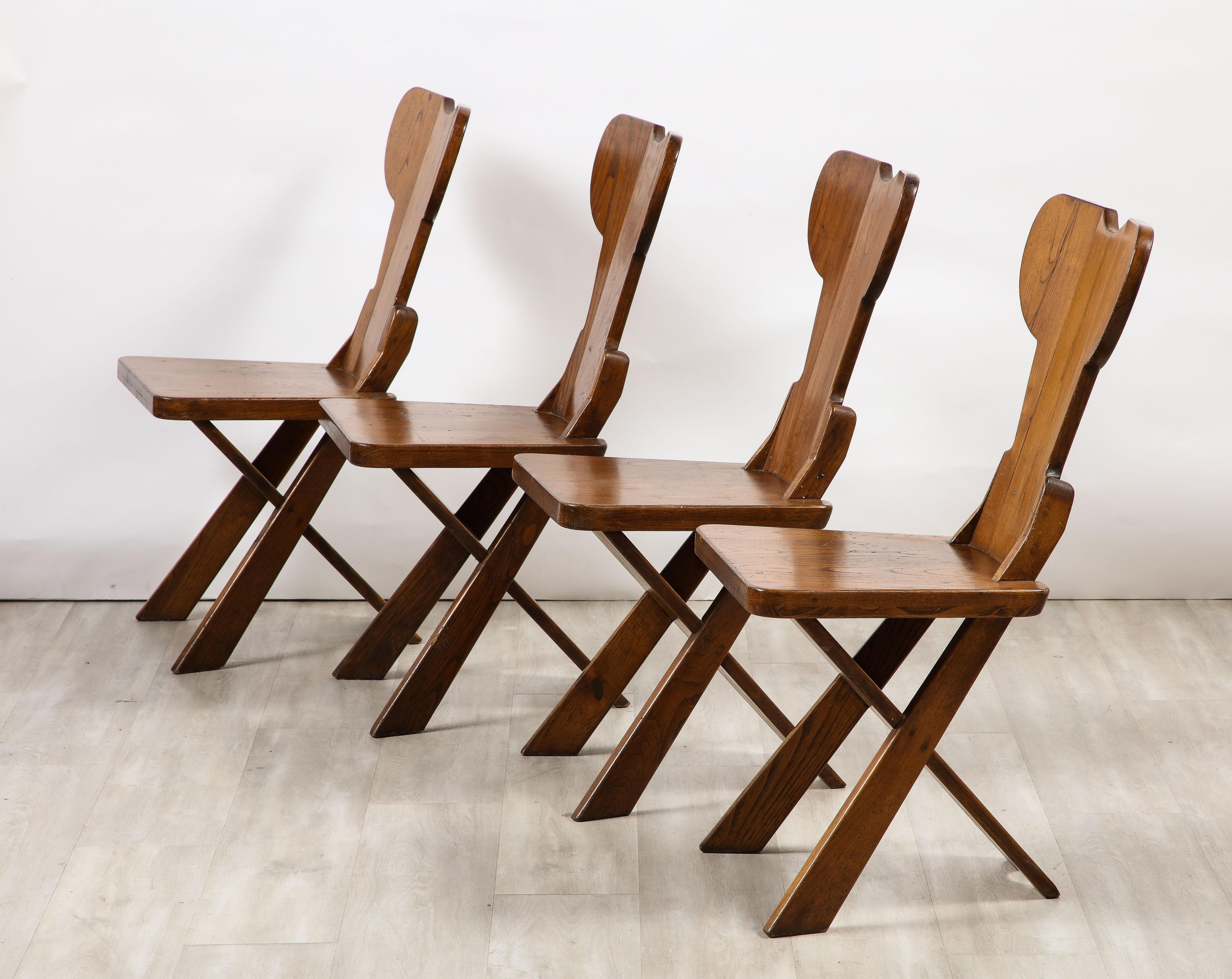 Italian Folk / Chalet Design Set of Four Carved Oak Dining Chairs, circa 1950  For Sale 14