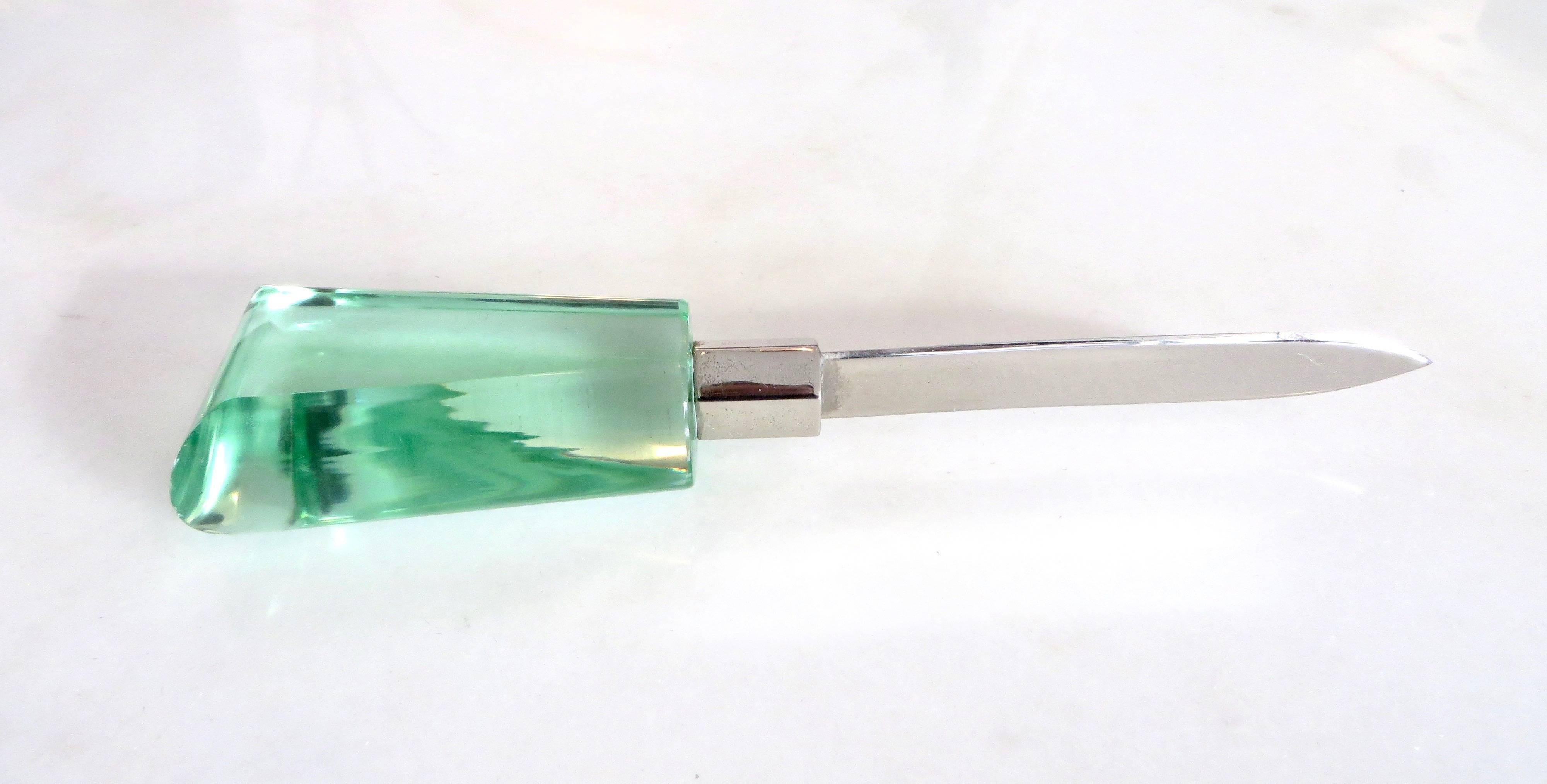 Italian Fontana Arte Glass Handled and Silver Plate Letter Opener In Good Condition In Chicago, IL