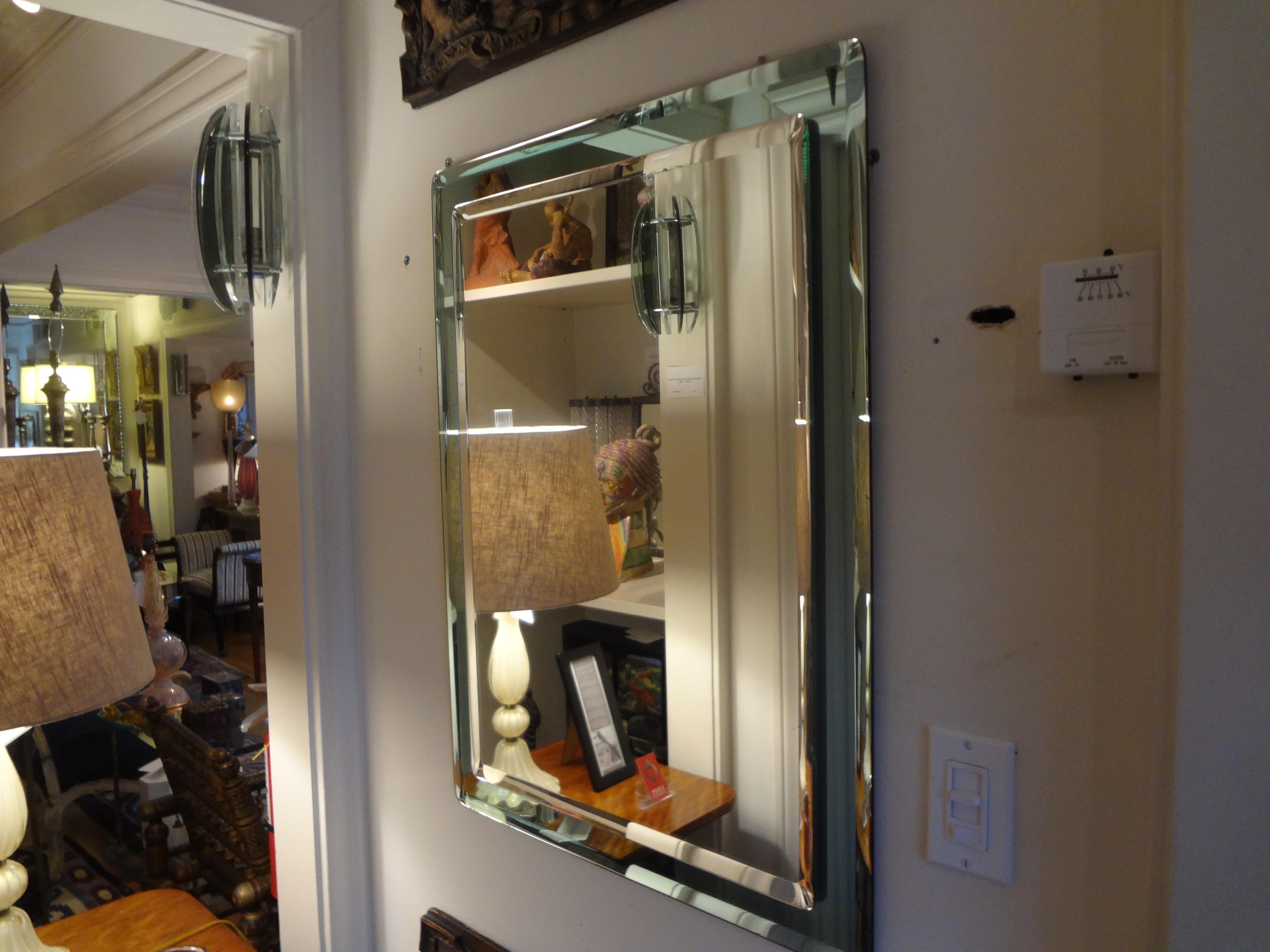 Italian Fontana Arte Inspired Beveled Mirror with Green Border In Good Condition In Houston, TX