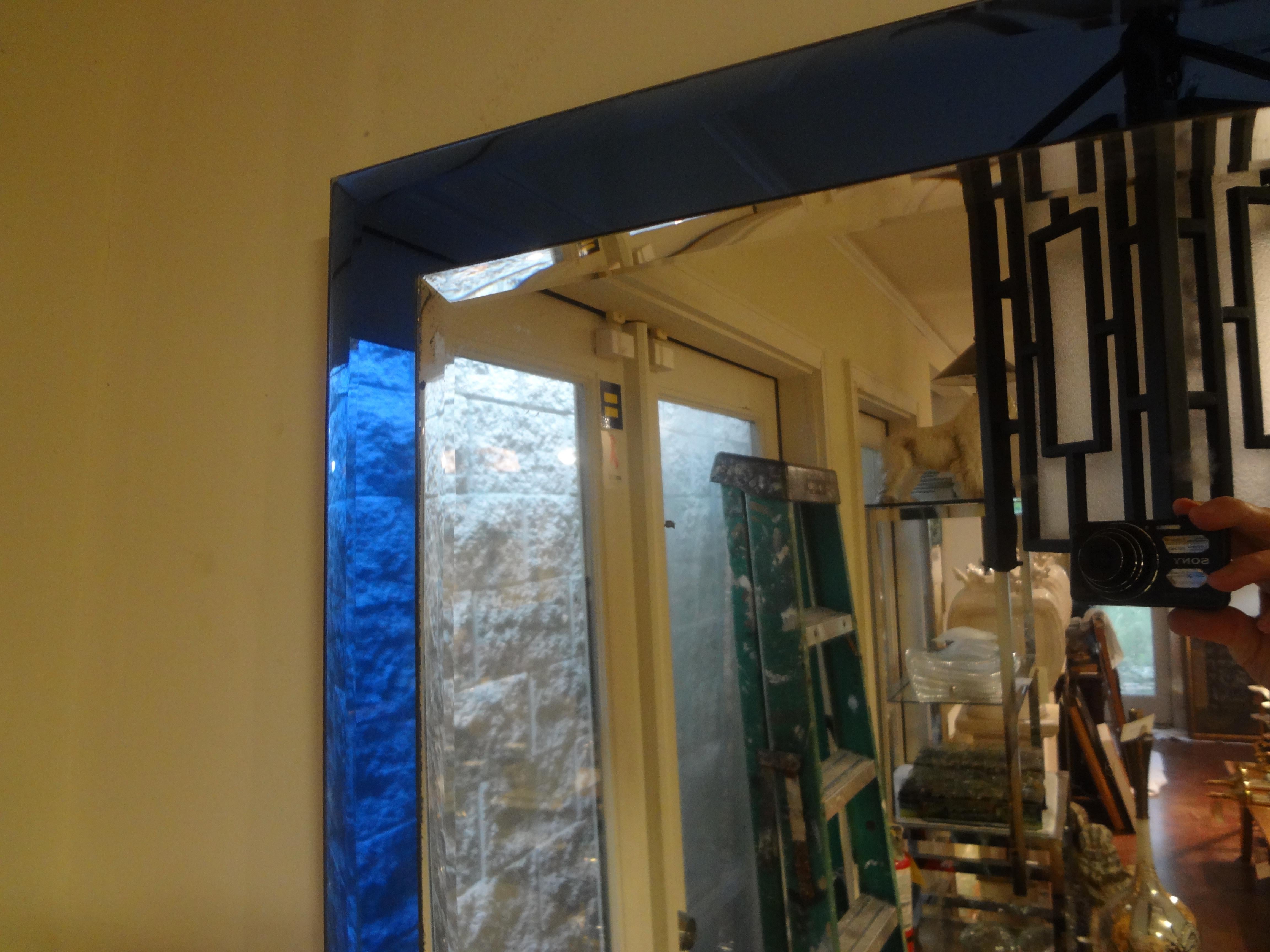 Late 20th Century Italian Fontana Arte Inspired Blue Mirror For Sale