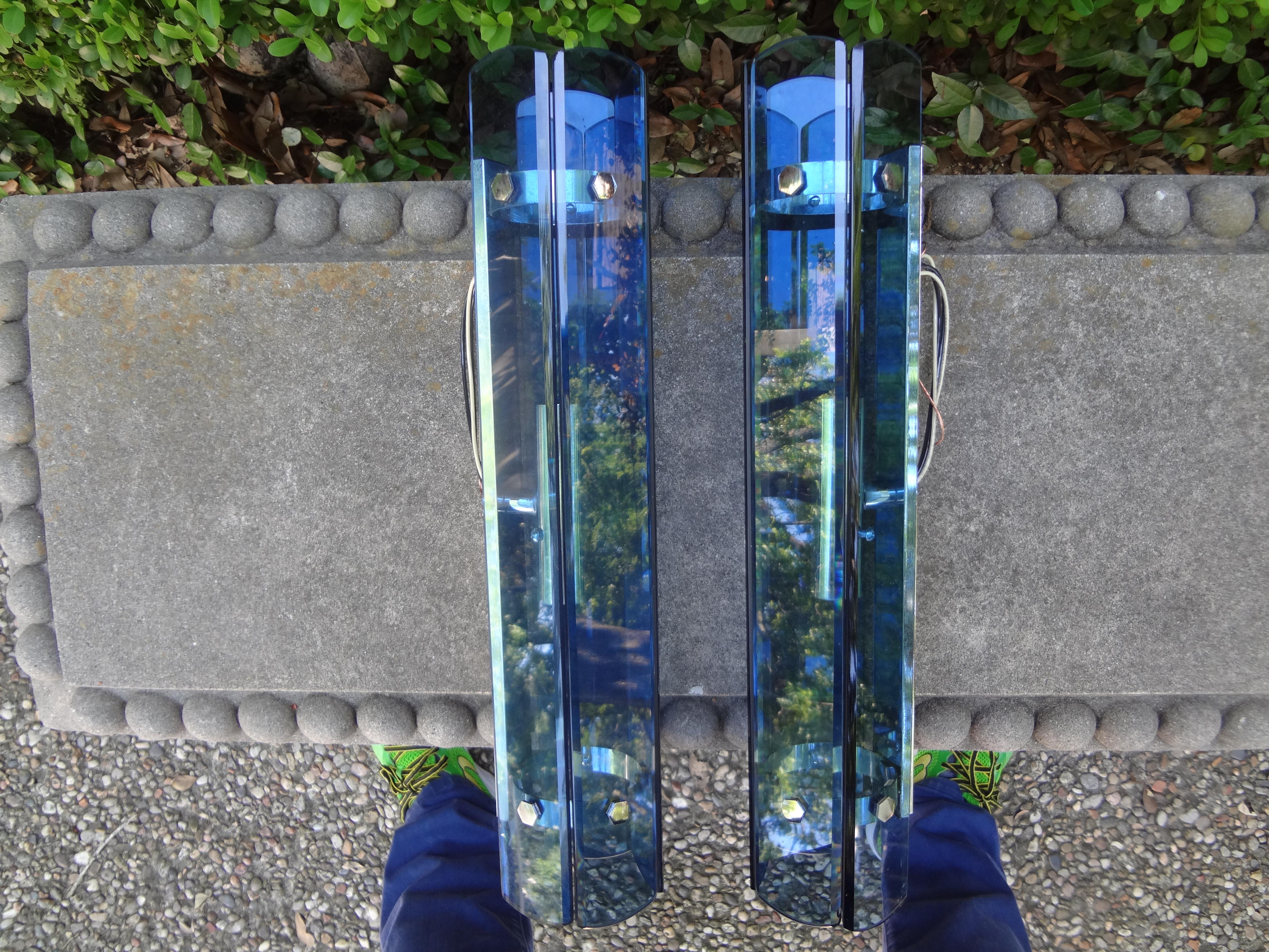 Italian Fontana Arte Inspired Quadrilateral Blue Glass Sconces 6