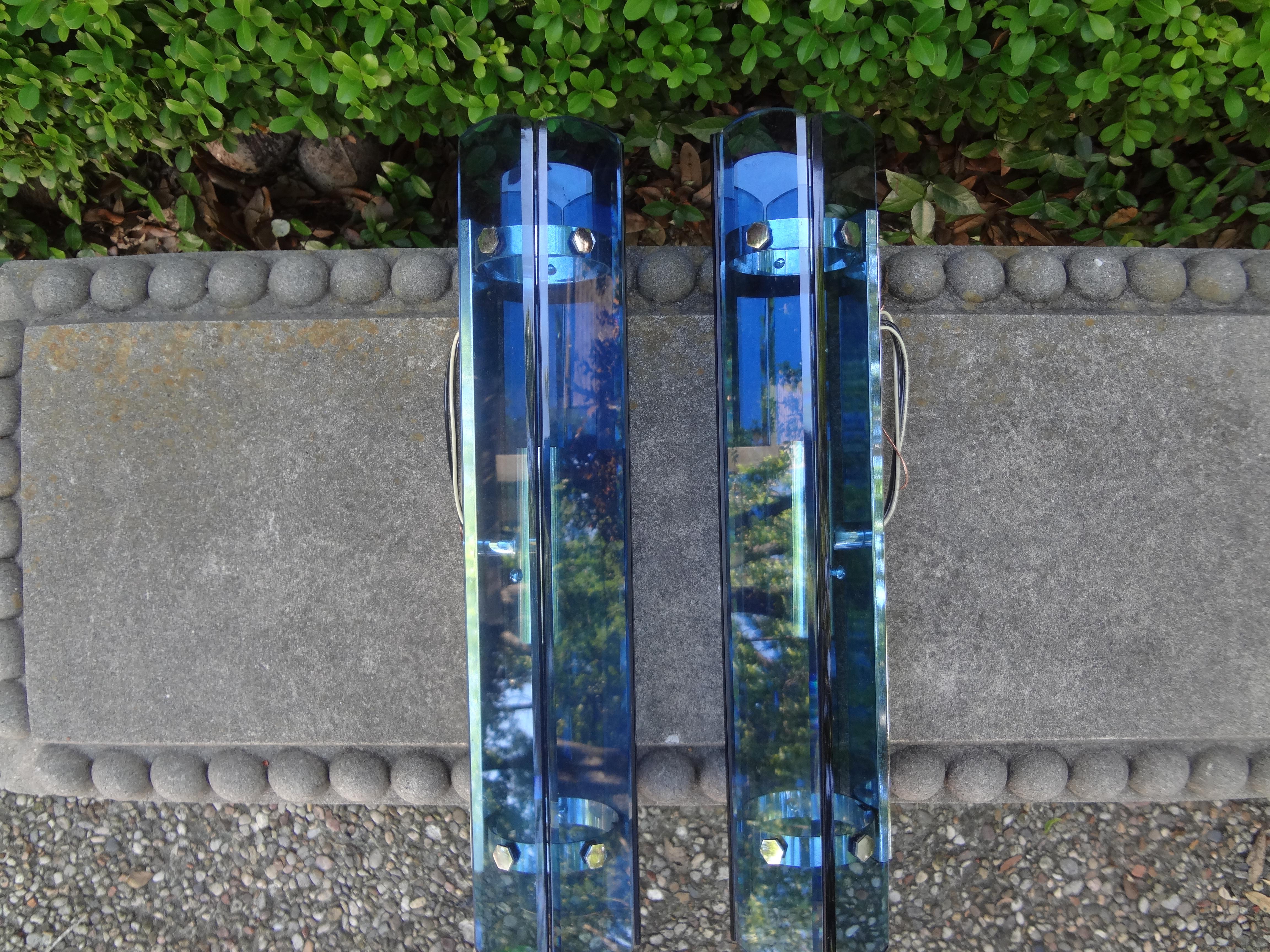 Mid-Century Modern Italian Fontana Arte Inspired Quadrilateral Blue Glass Sconces
