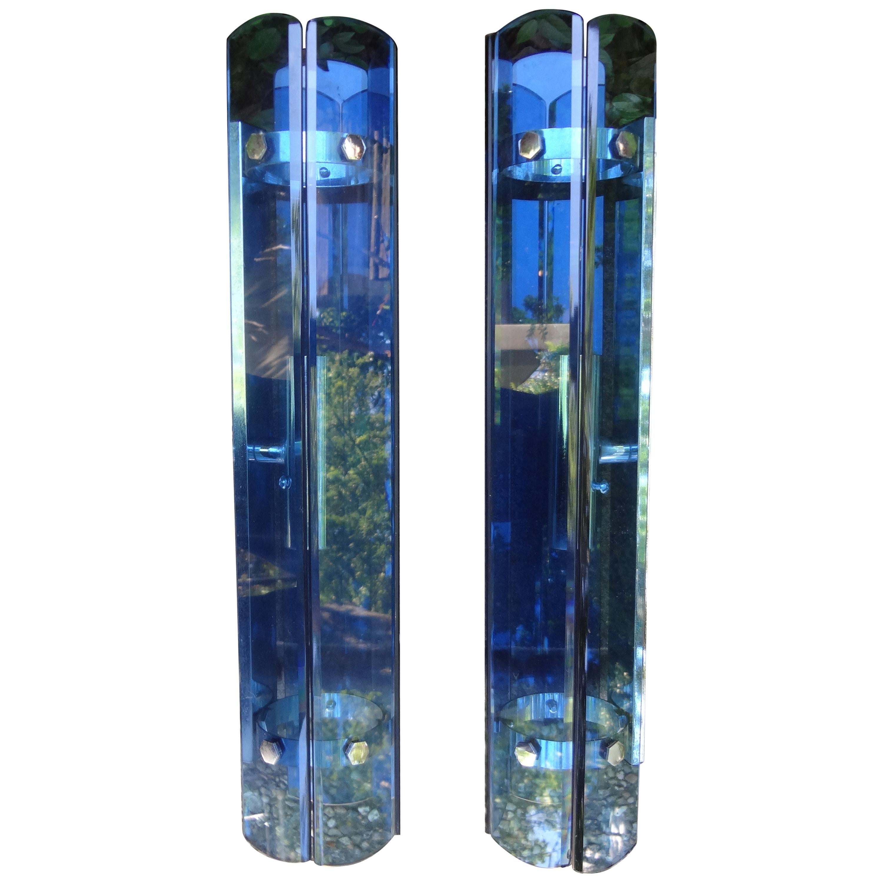 Italian Fontana Arte Inspired Quadrilateral Blue Glass Sconces