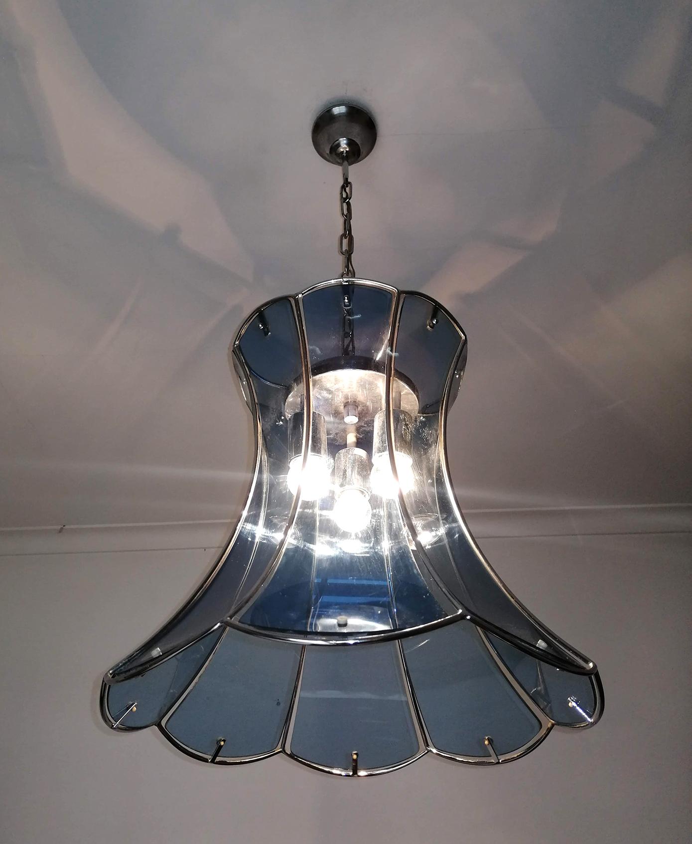Italian Fontana Arte Mid-Century Modern Smoked Blue Glass Chrome Chandelier 1960 For Sale 5