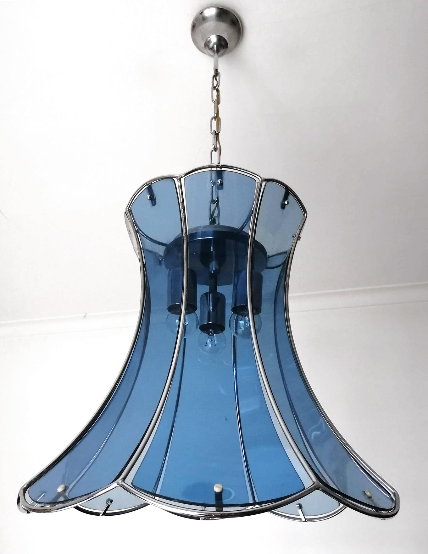 Art Deco Italian Fontana Arte Mid-Century Modern Smoked Blue Glass Chrome Chandelier 1960 For Sale