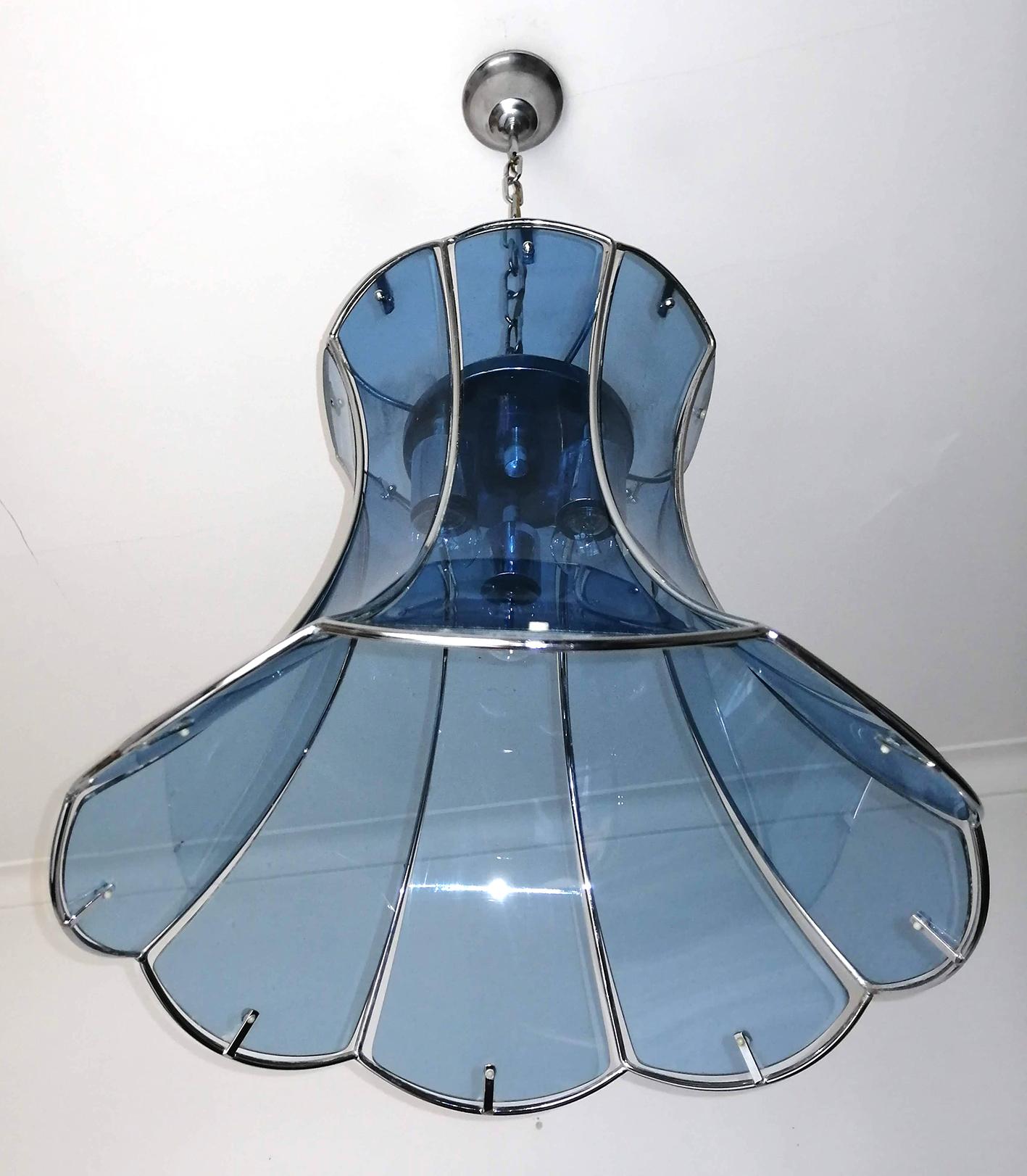 20th Century Italian Fontana Arte Mid-Century Modern Smoked Blue Glass Chrome Chandelier 1960 For Sale
