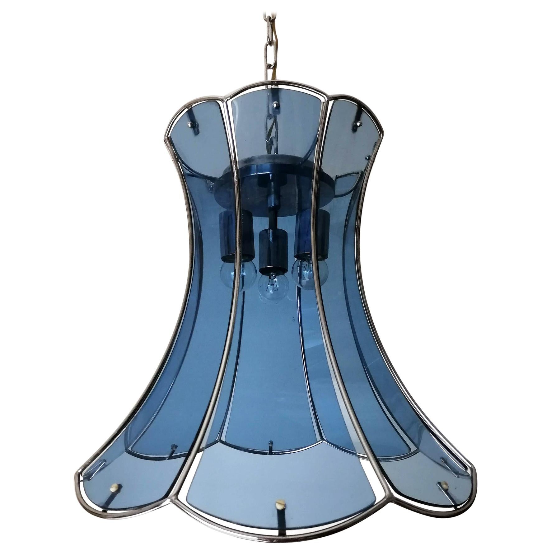 Italian Fontana Arte Mid-Century Modern Smoked Blue Glass Chrome Chandelier 1960 For Sale