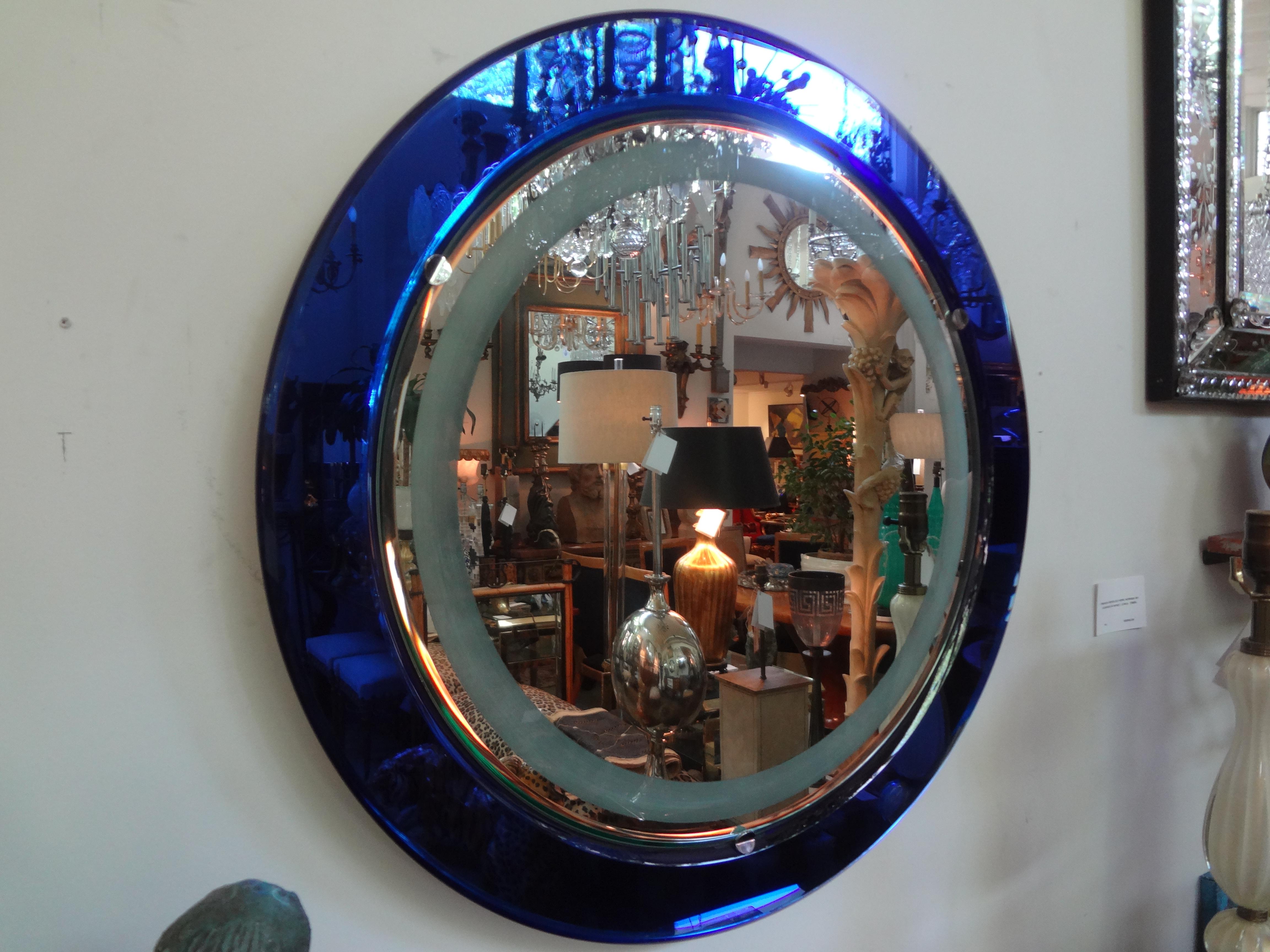Hollywood Regency Italian Fontana Arte Style Cobalt Blue Backlit Mirror